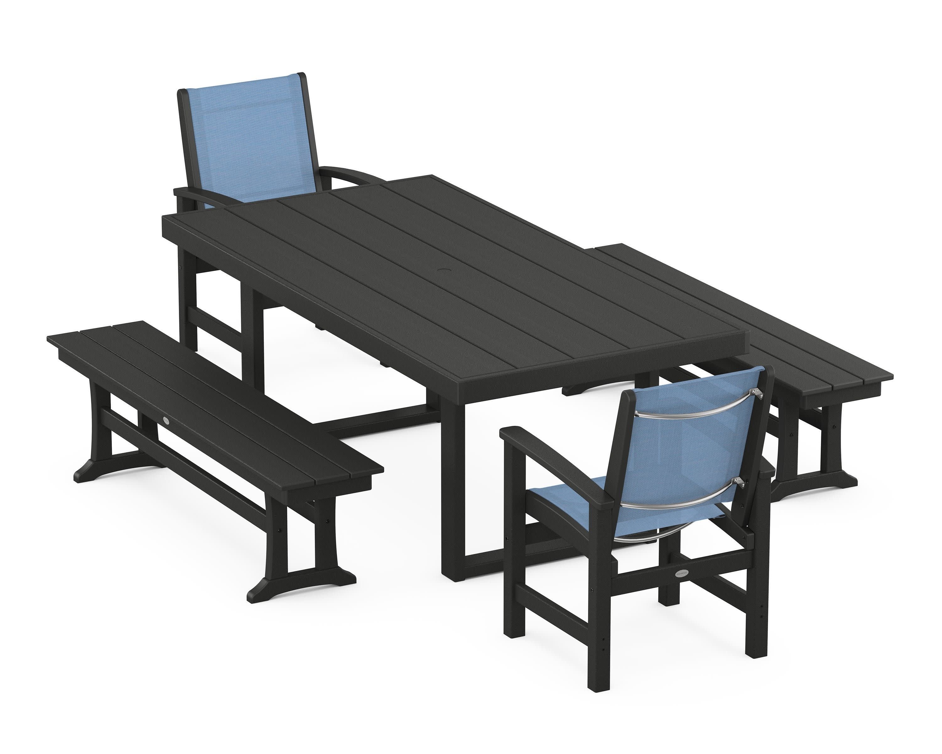 Coastal 5-Piece Dining Set with Trestle Legs in Black / Poolside Sling