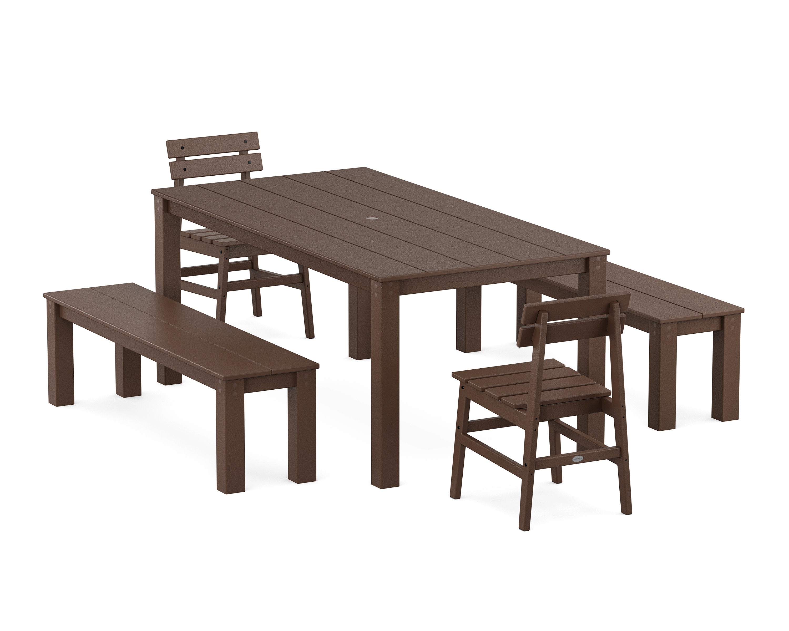 Modern Studio Plaza Chair 5-Piece Parsons Dining Set with Benches in Mahogany