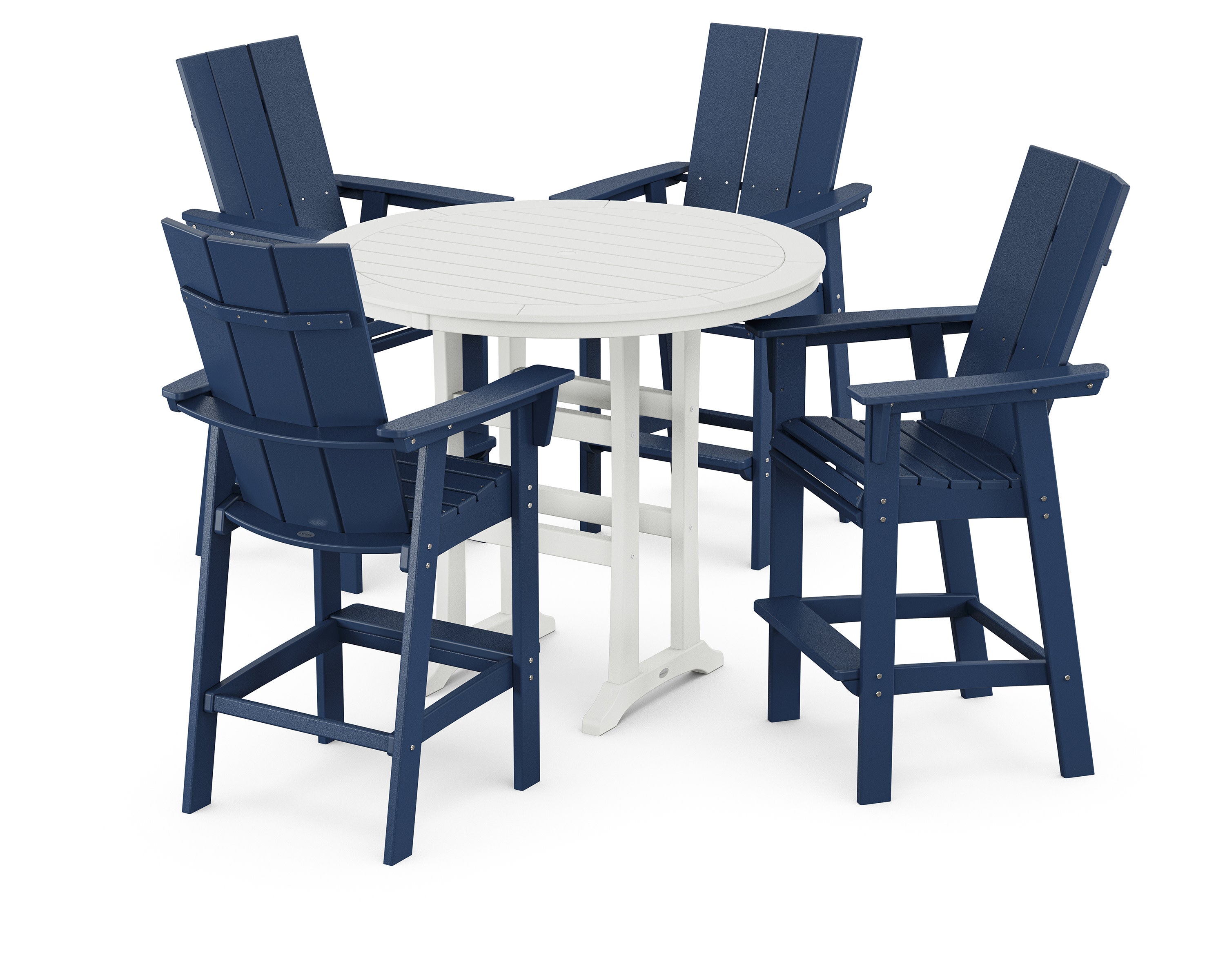 Modern Curveback Adirondack 5-Piece Nautical Trestle Bar Set in Navy / White