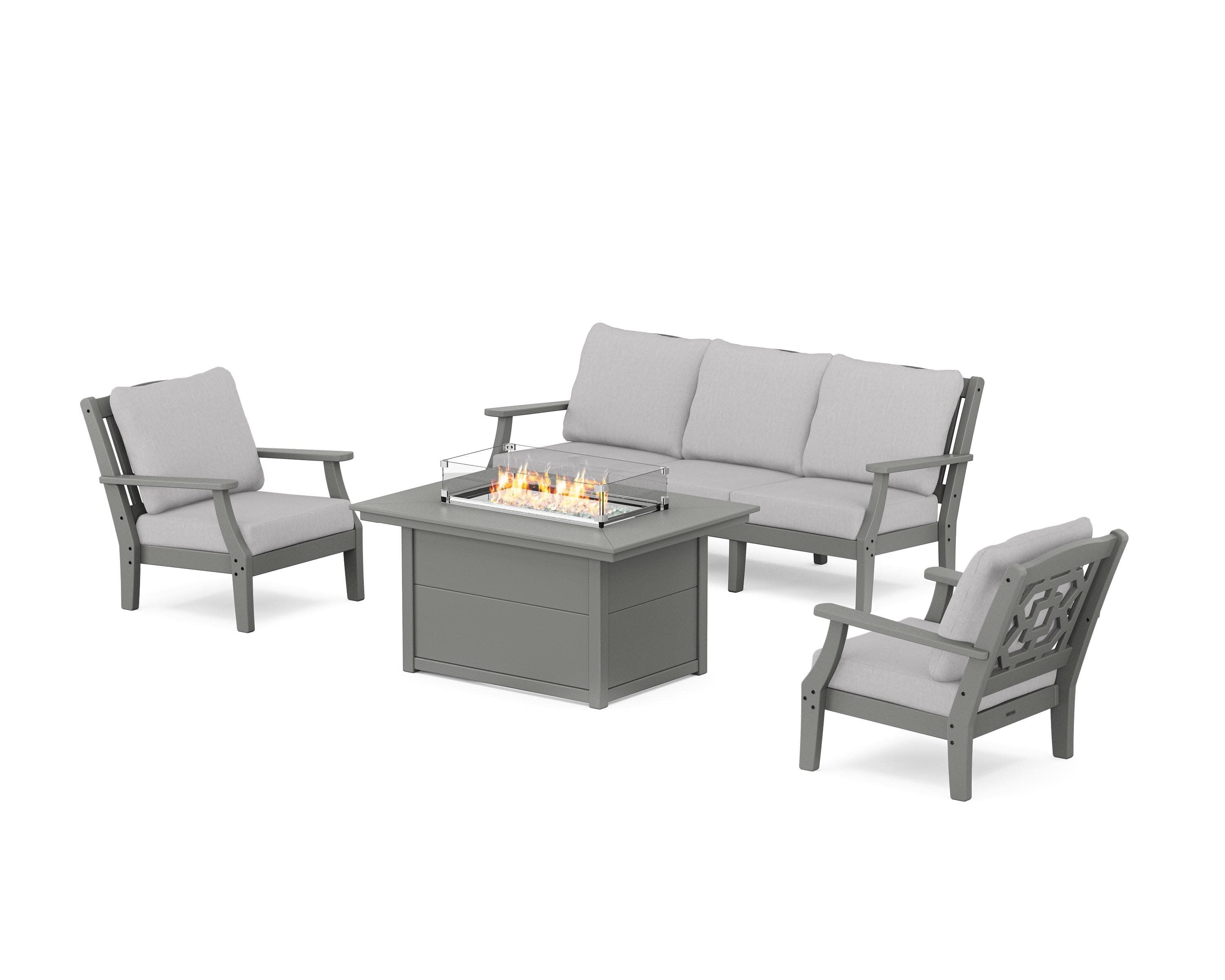 Chinoiserie Deep Seating Fire Pit Table Set in Slate Grey / Granite