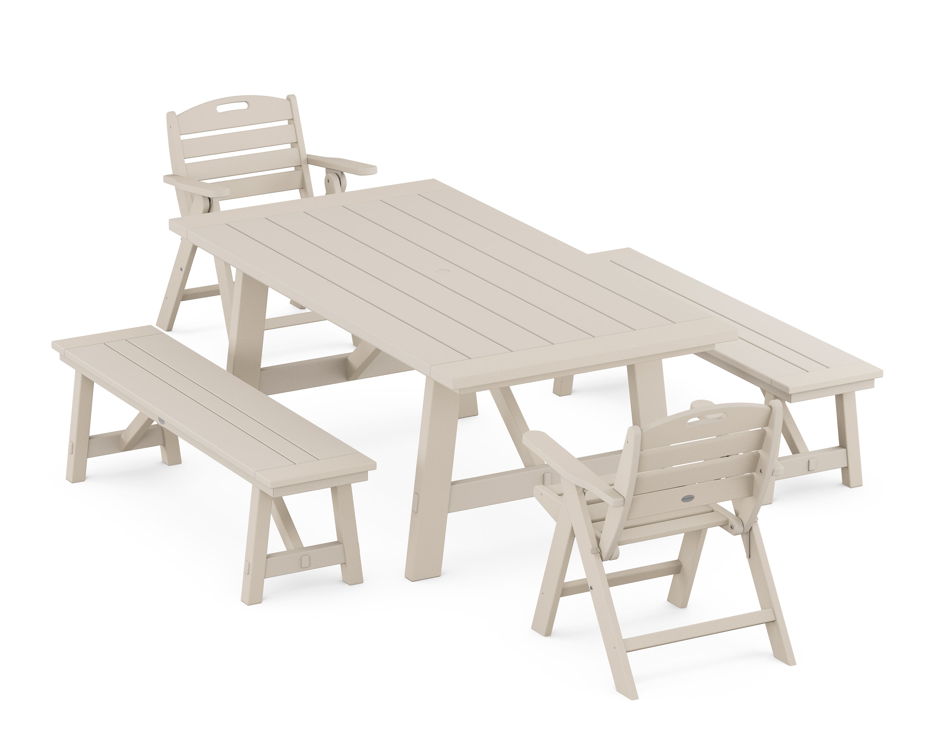 Nautical Folding Lowback Chair 5-Piece Rustic Farmhouse Dining Set With Benches in Sand