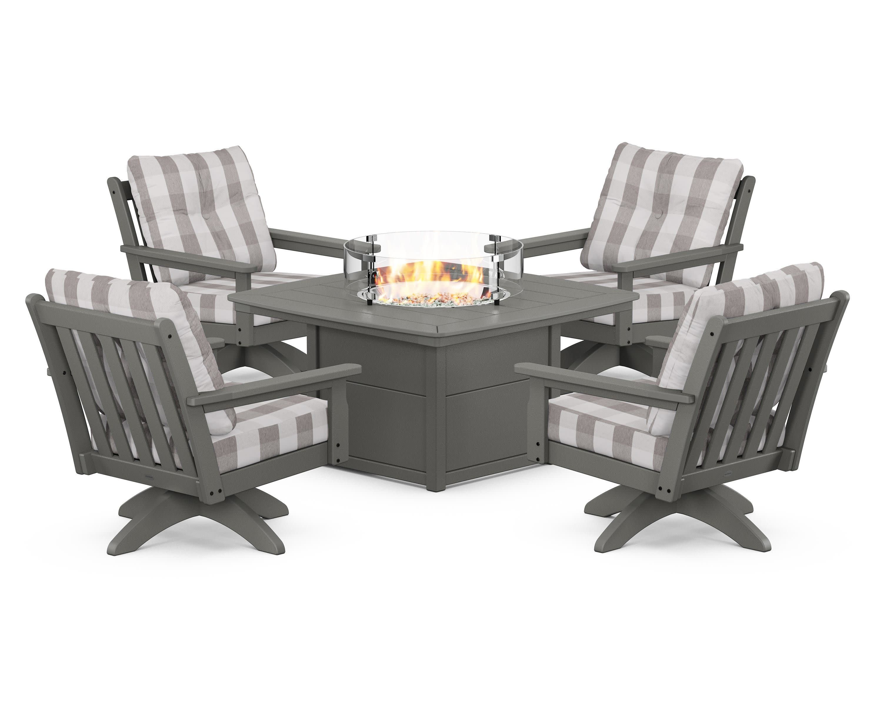 Vineyard 5-Piece Deep Seating Swivel Conversation Set with Fire Pit Table in Slate Grey / Buffalo Plaid Grey Mist