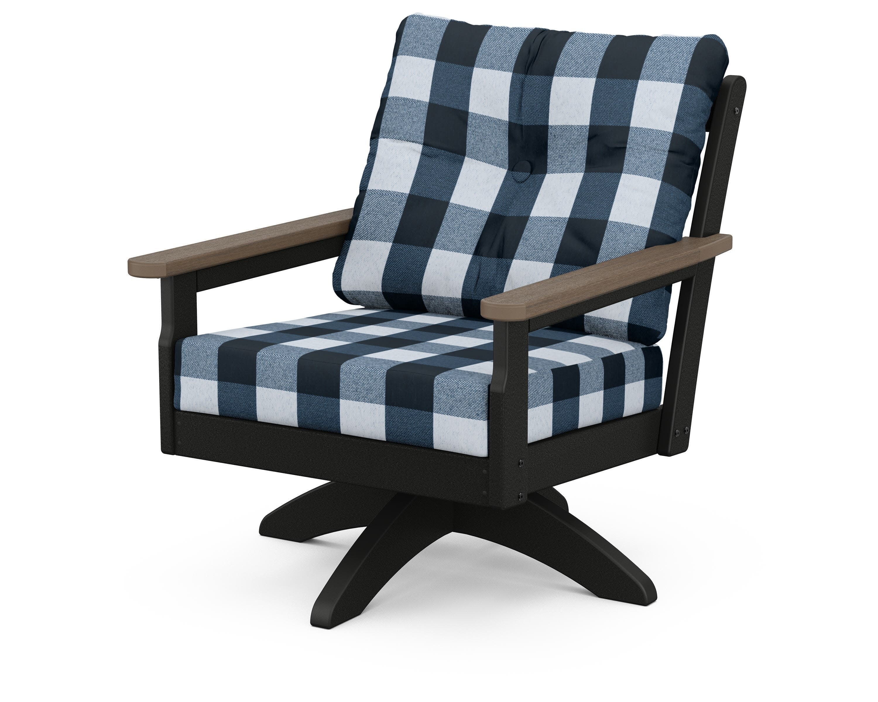 Vineyard Deep Seating Swivel Chair in Black / Kona / Buffalo Plaid Marine Indigo
