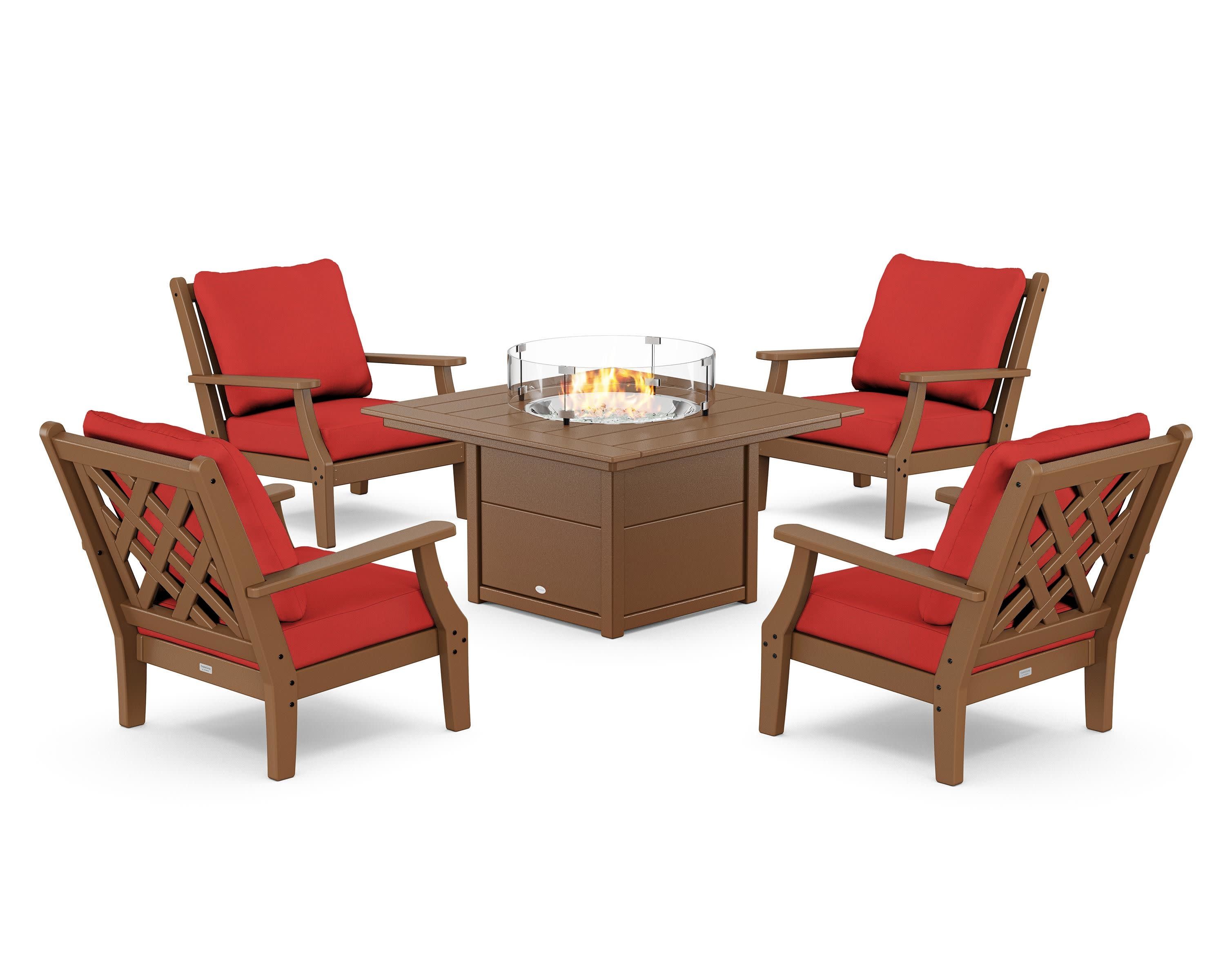 Wovendale 5-Piece Deep Seating Set with Fire Pit Table in Teak / Crimson Linen