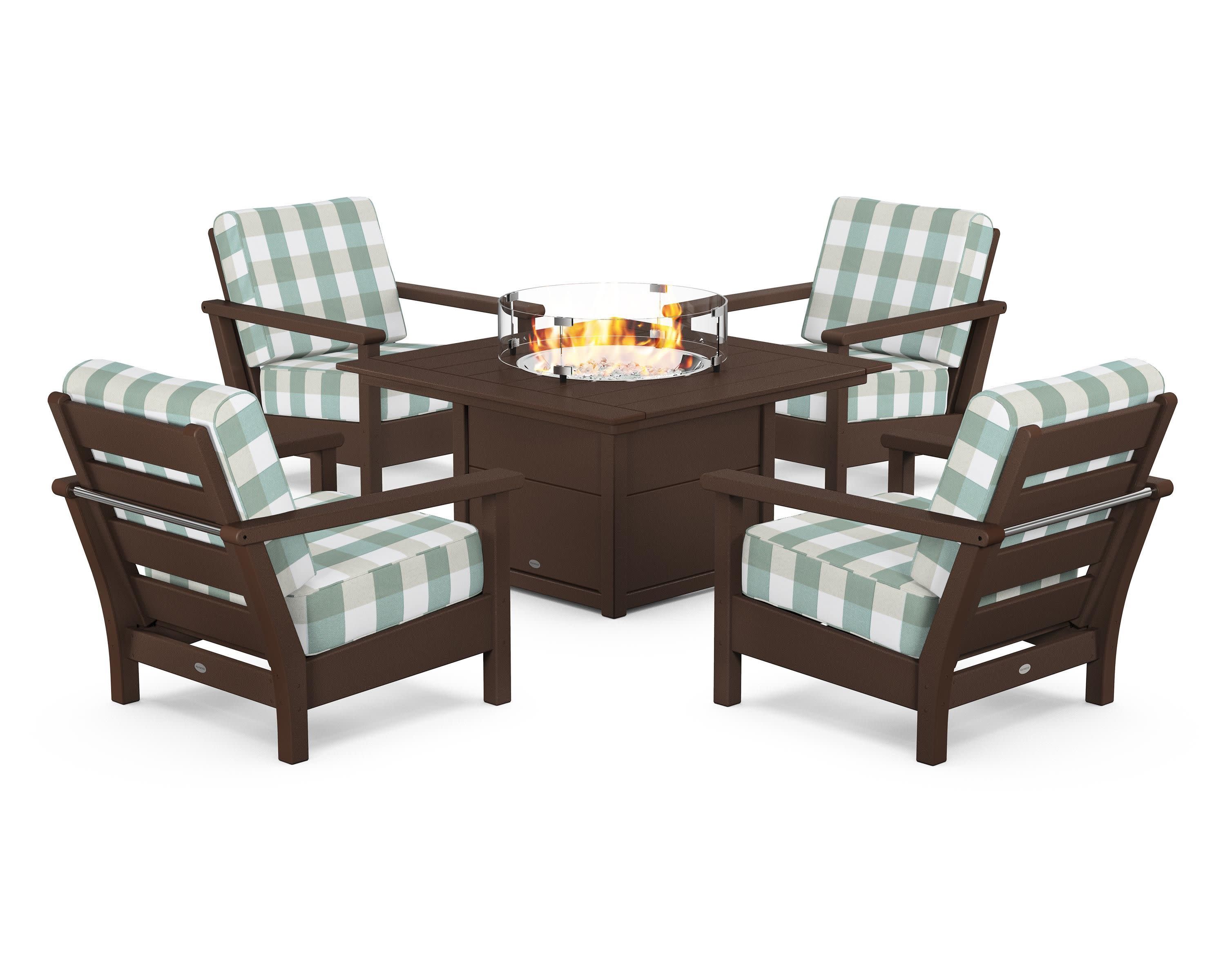 Harbour 5-Piece Conversation Set with Fire Pit Table in Mahogany / Buffalo Plaid Glacier Spa