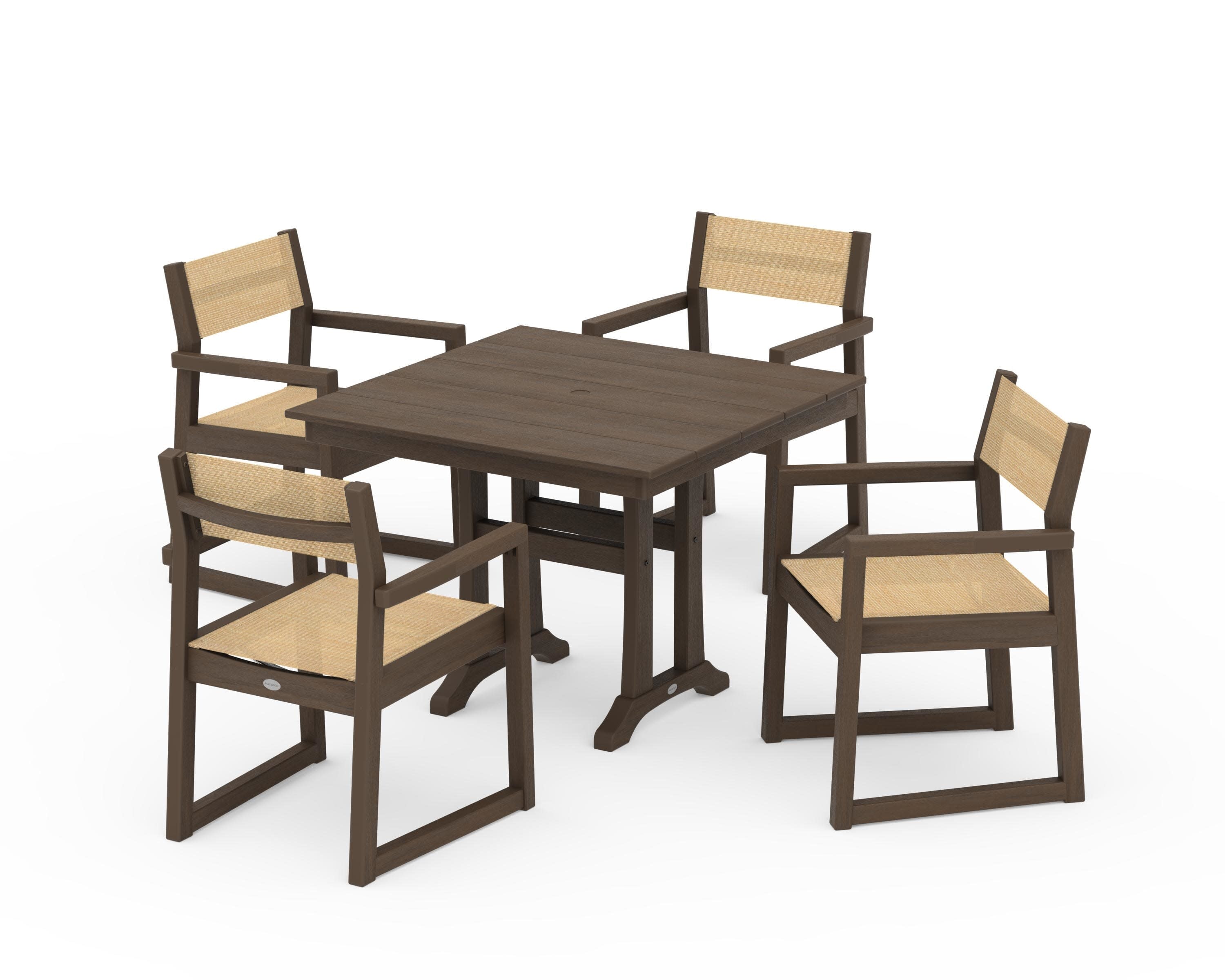 EDGE Sling 5-Piece Farmhouse Dining Set with Trestle Legs in Kona / Dupioni Apricot Sling