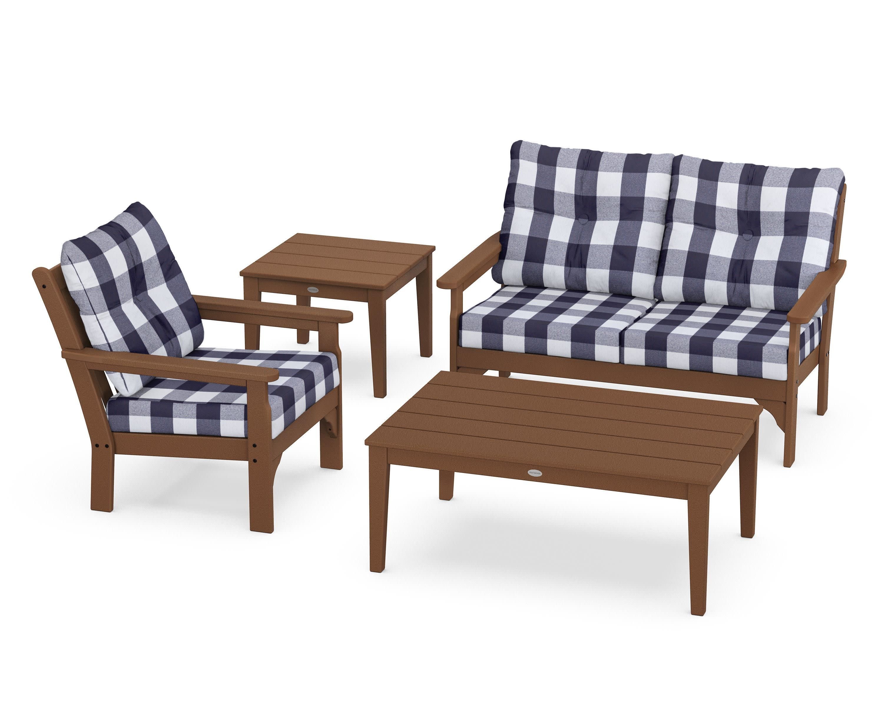 Vineyard 4-Piece Deep Seating Set in Teak / Buffalo Plaid Navy
