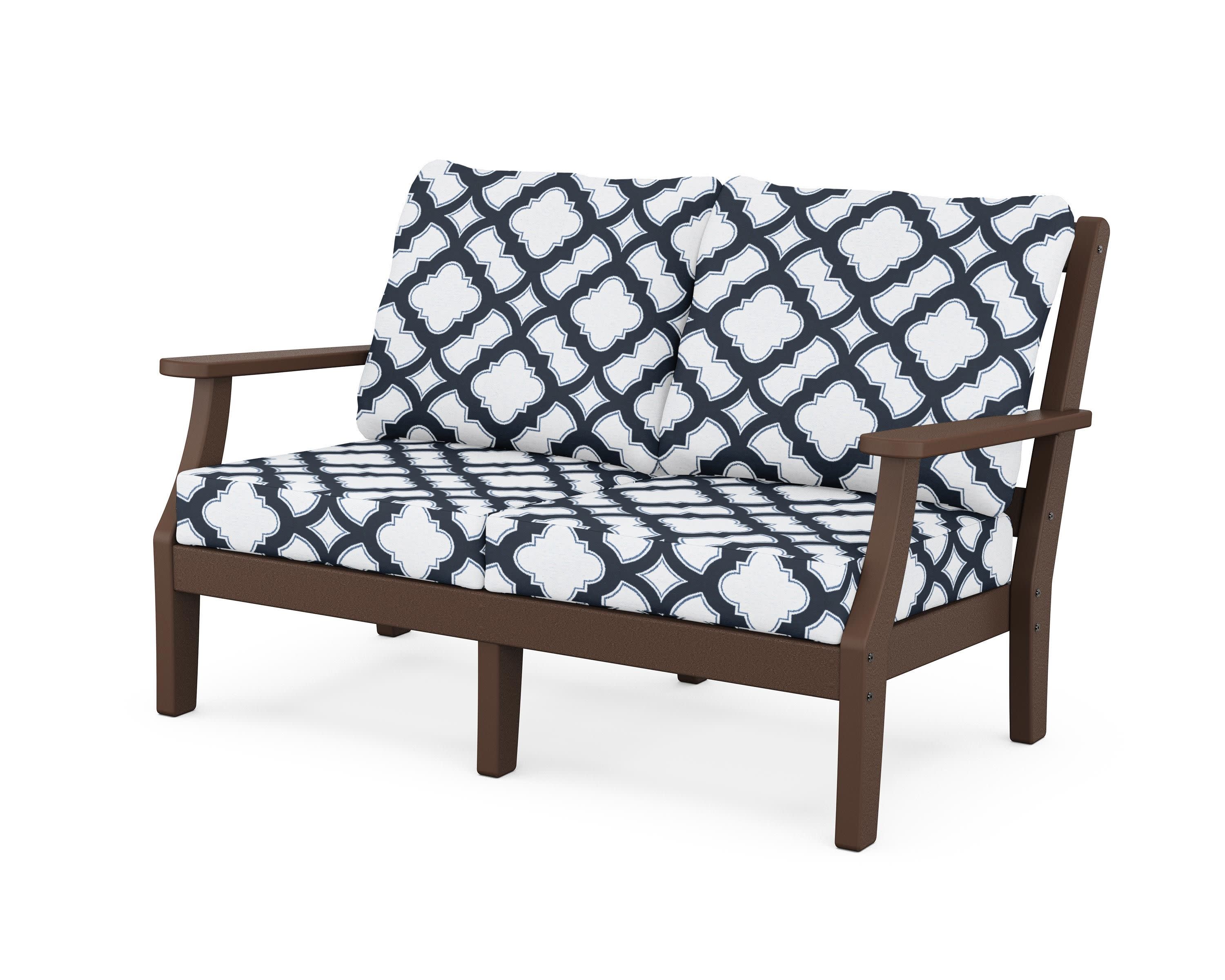 Chinoiserie Deep Seating Loveseat in Mahogany / Trellis Marine Indigo
