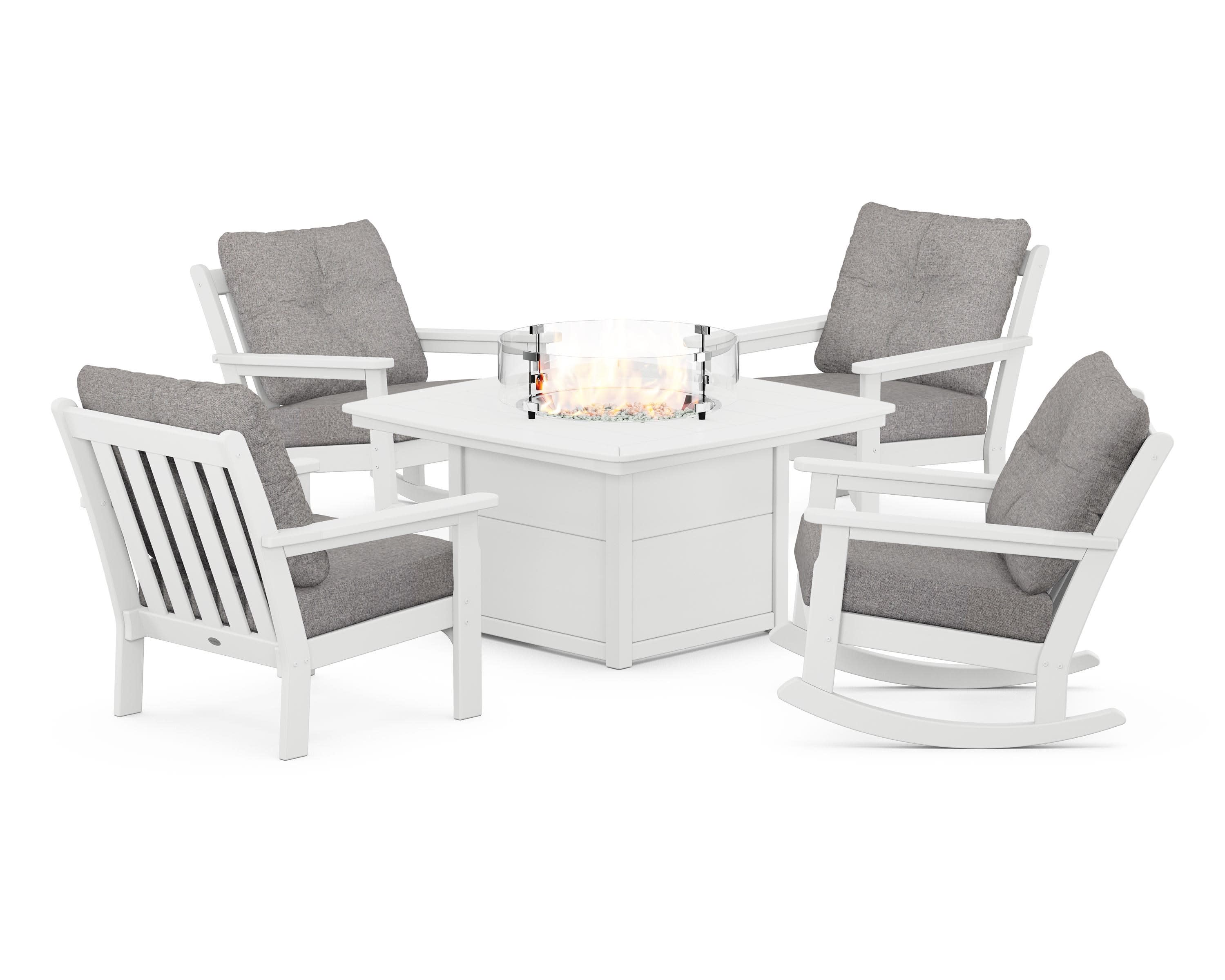 Vineyard 5-Piece Deep Seating Rocking Chair Conversation Set with Fire Pit Table in White / Grey Mist