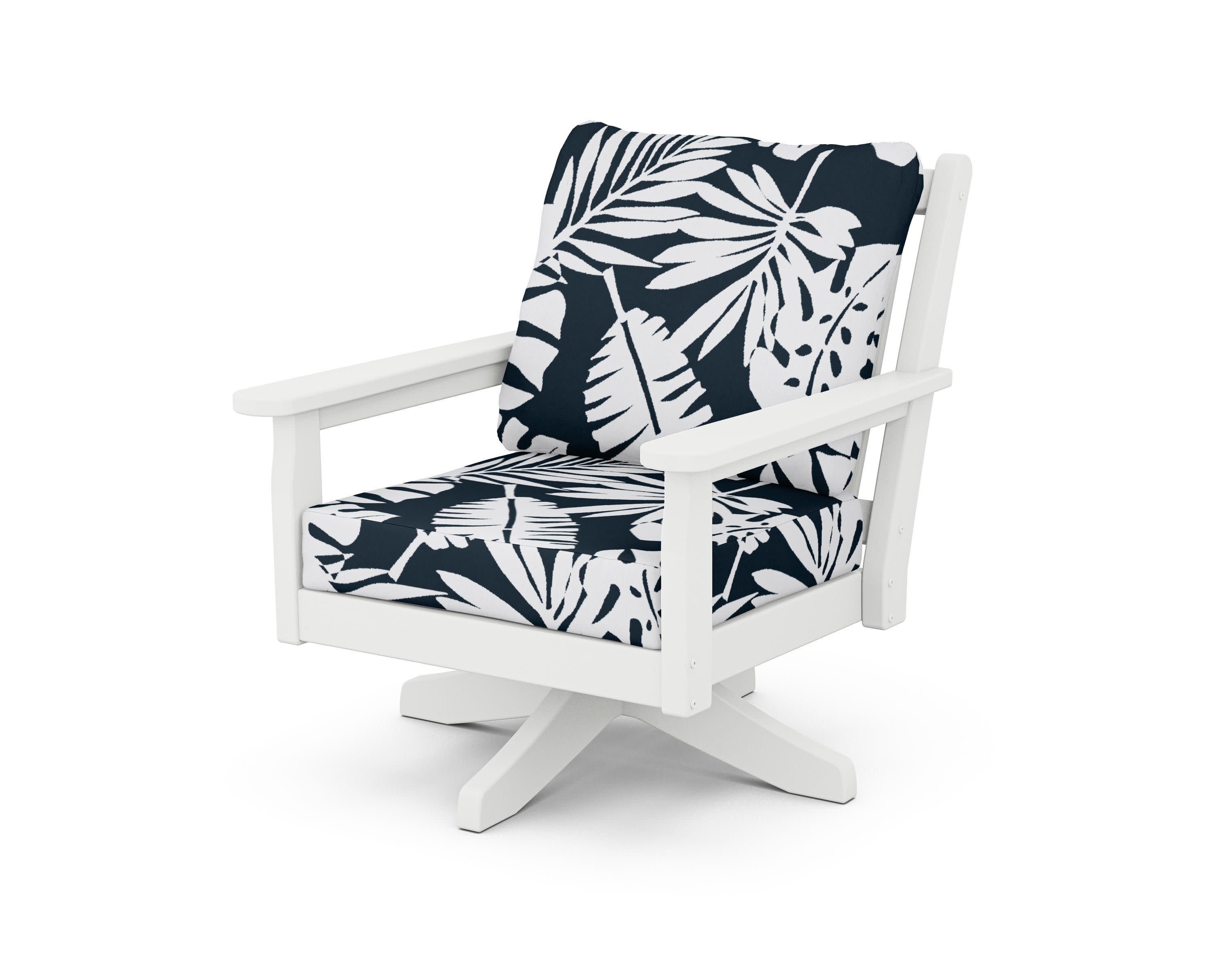 Chippendale Deep Seating Swivel Chair in White / Leaf Marine Indigo