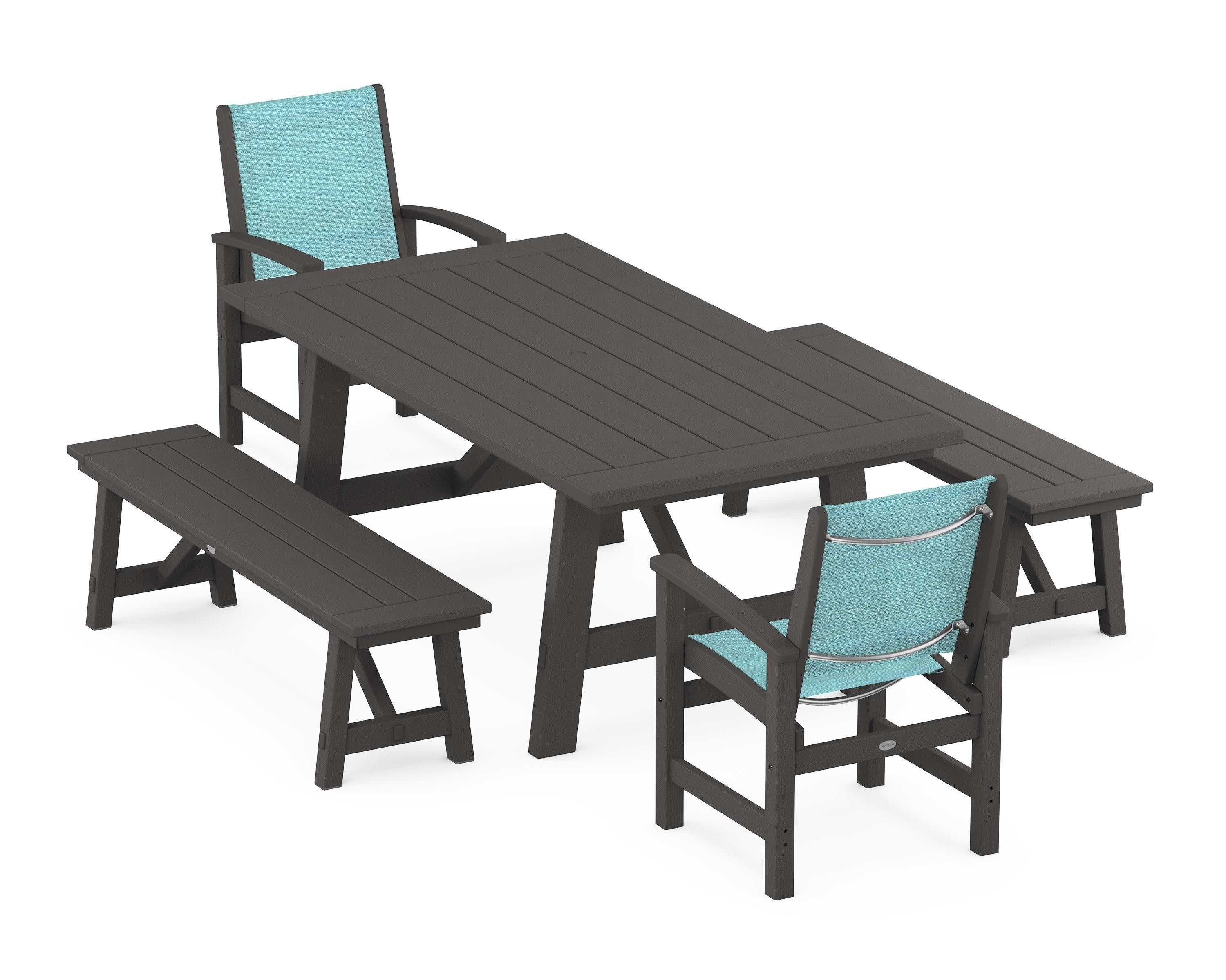 Coastal 5-Piece Rustic Farmhouse Dining Set With Benches in Vintage Coffee / Dupioni Aquamarine Sling