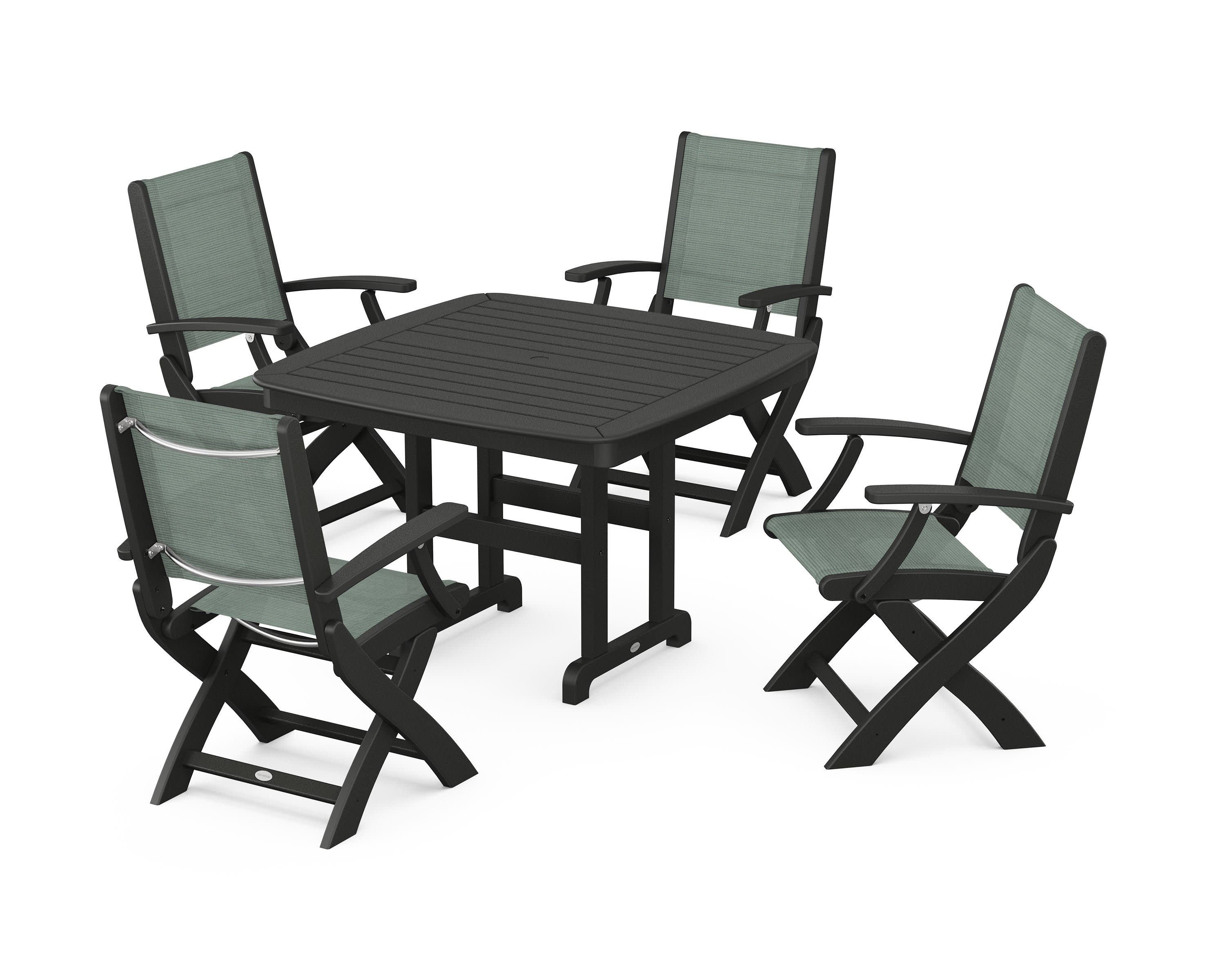Coastal Folding Chair 5-Piece Dining Set in Black / Dupioni Sea Mist Sling