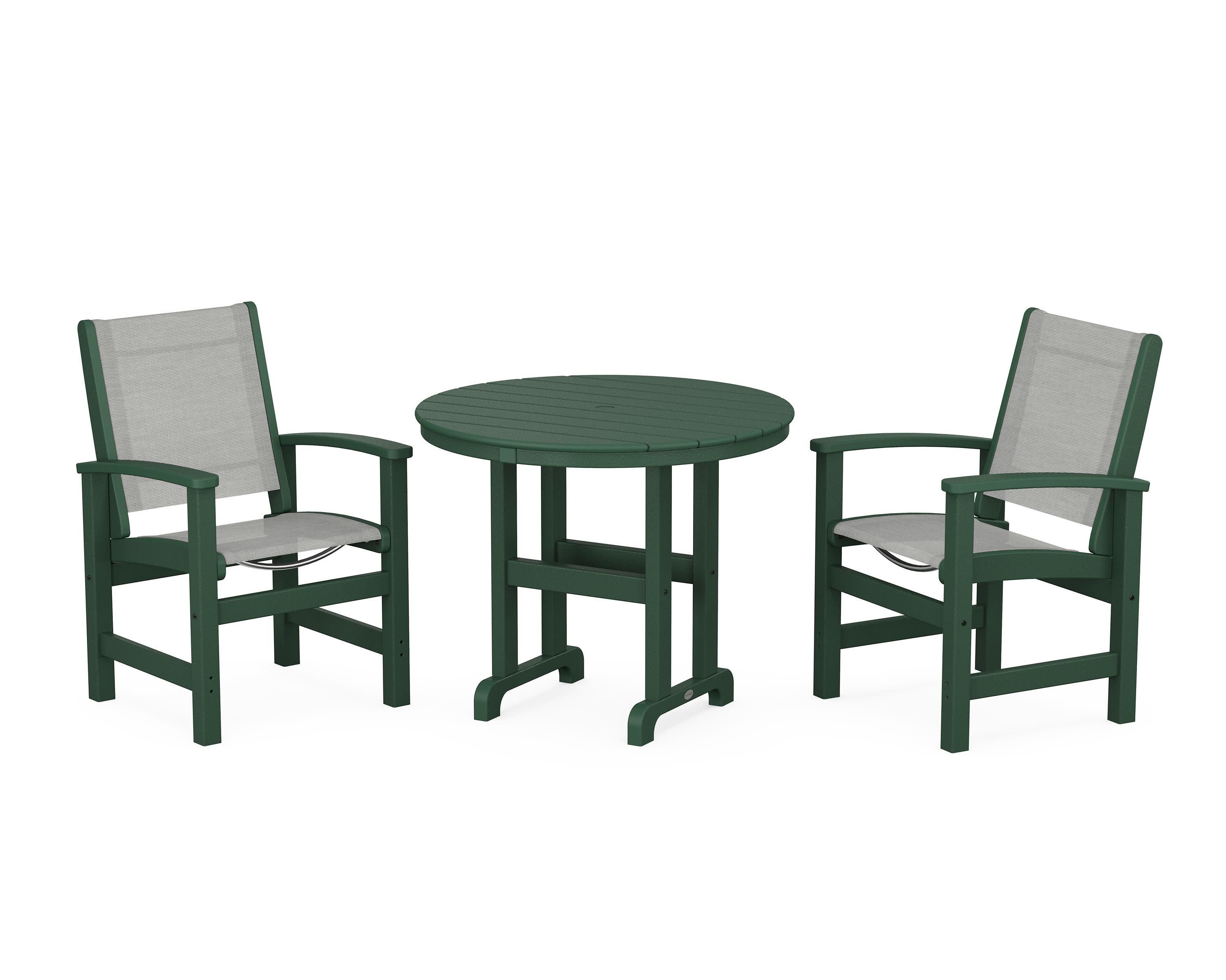 Coastal 3-Piece Round Dining Set in Green / Metallic Sling