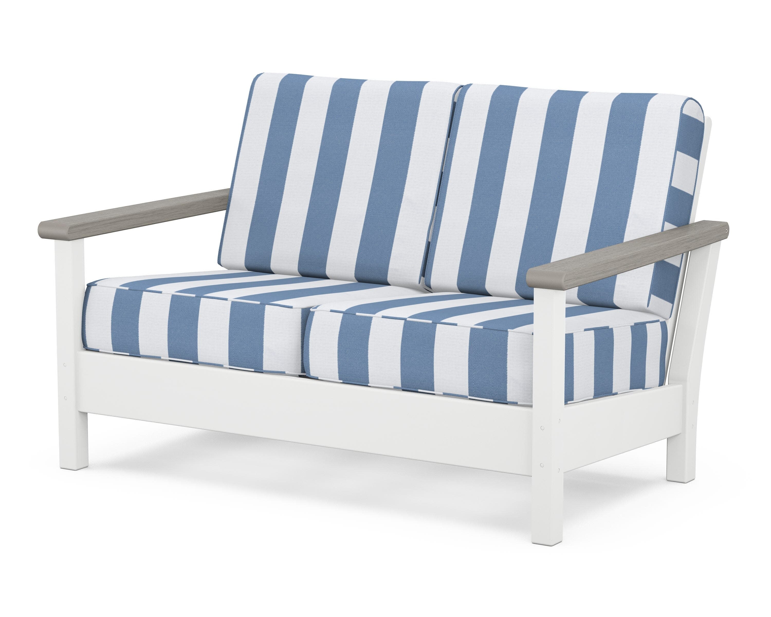 Harbour Deep Seating Loveseat in White / Driftwood / Cabana Stripe Sky Blue