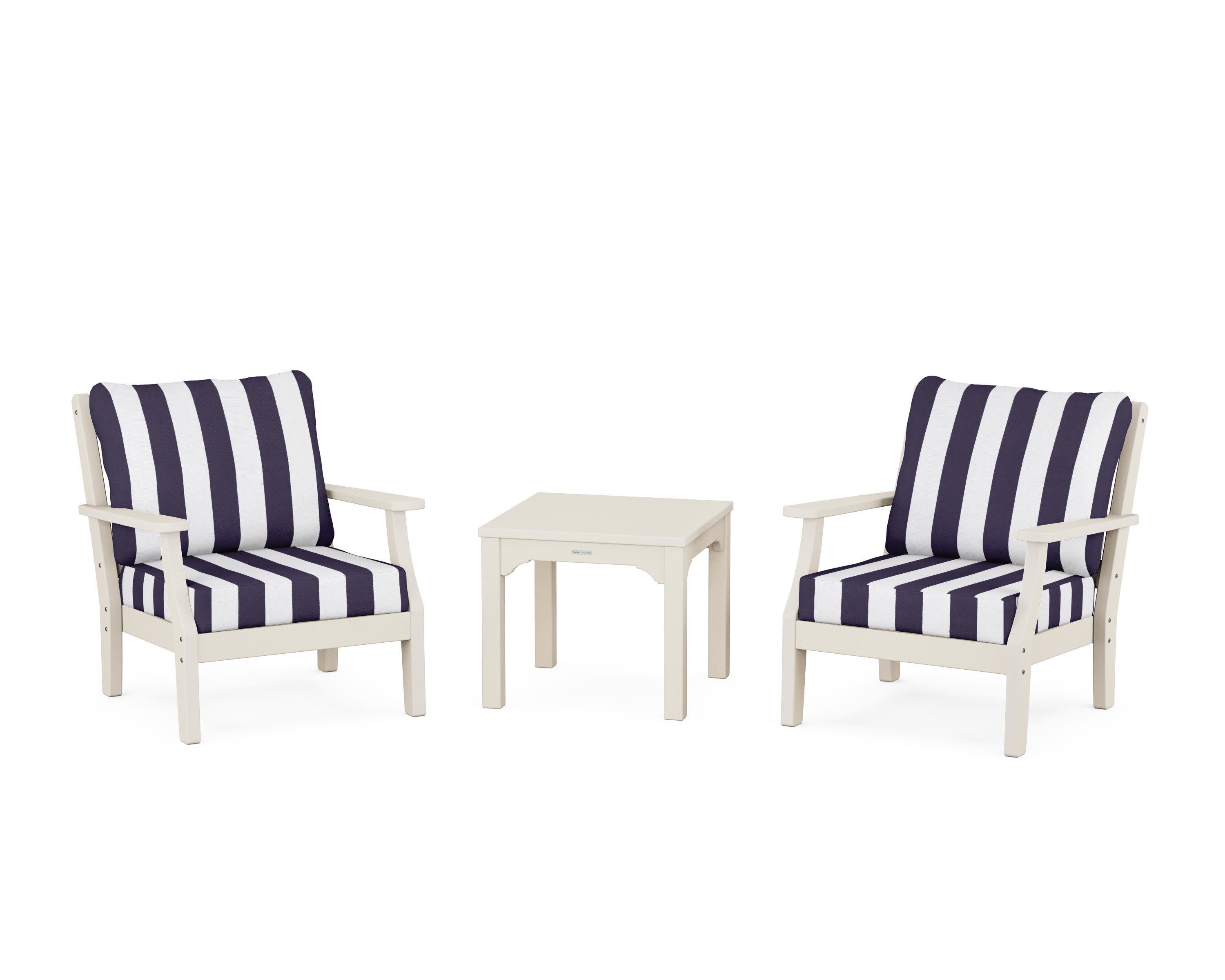 Chinoiserie 3-Piece Deep Seating Set in Sand / Cabana Stripe Navy