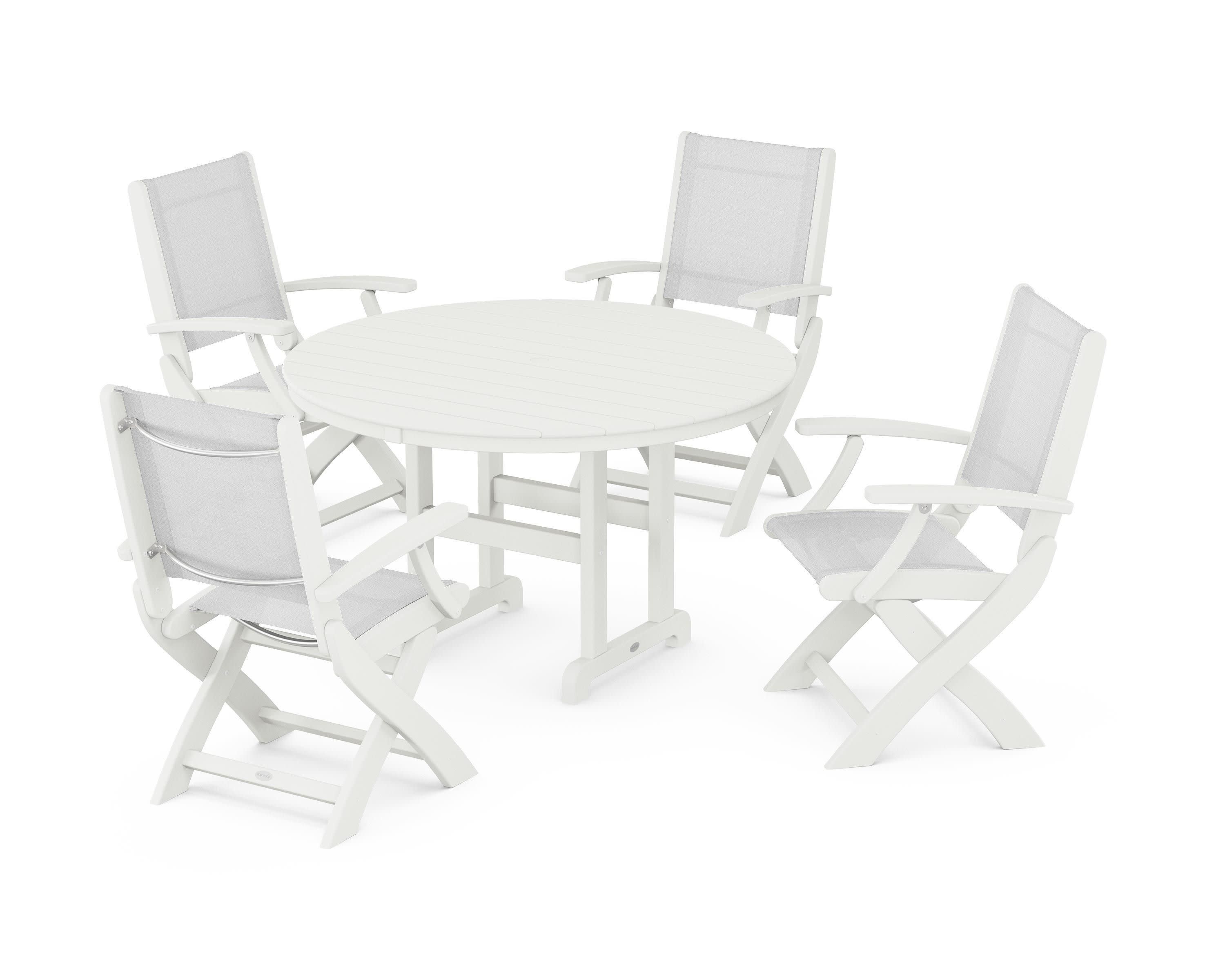 Coastal Folding Chair 5-Piece Round Dining Set in Vintage White / White Sling