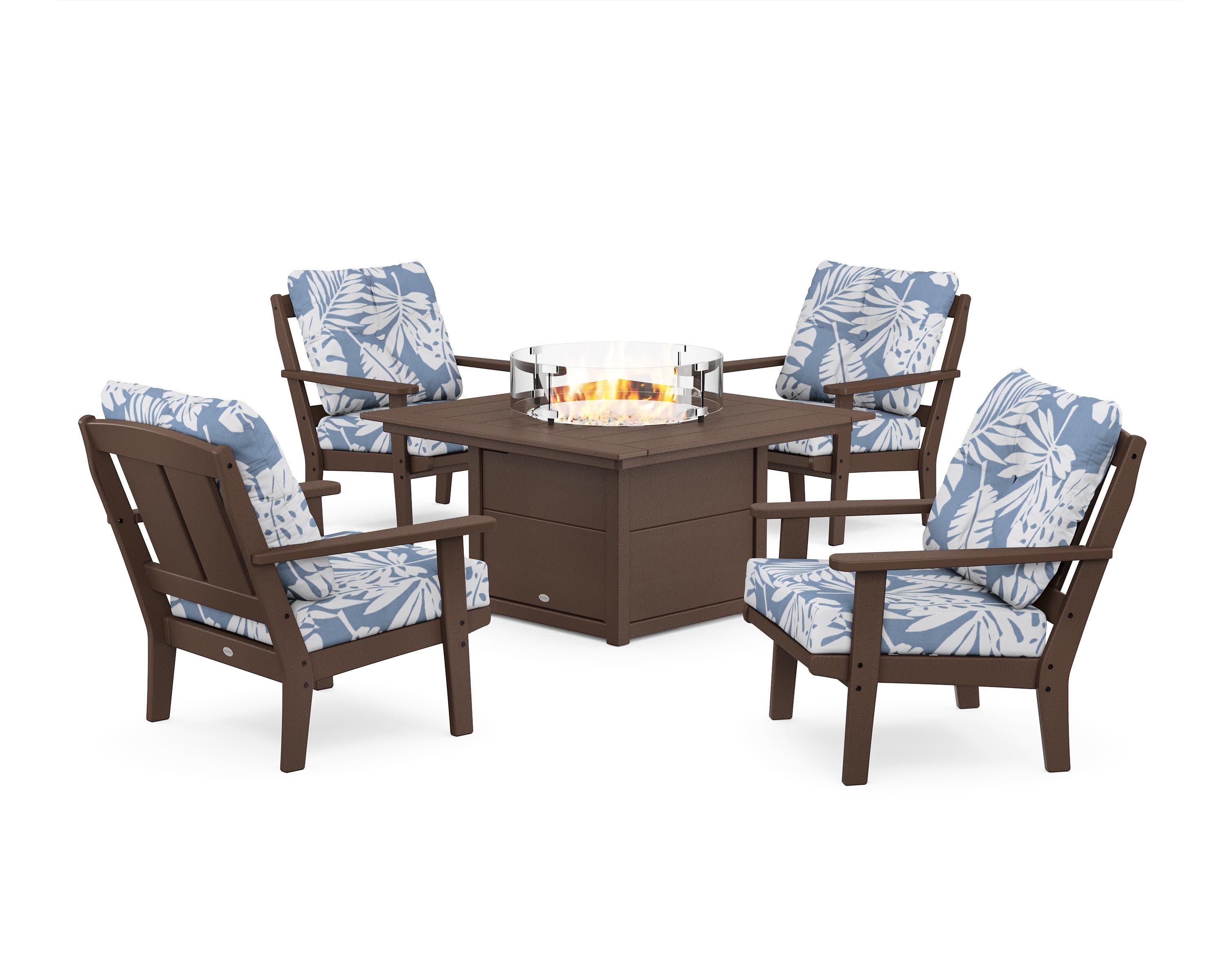 Mission 5-Piece Deep Seating Set with Fire Pit Table in Mahogany / Leaf Sky Blue