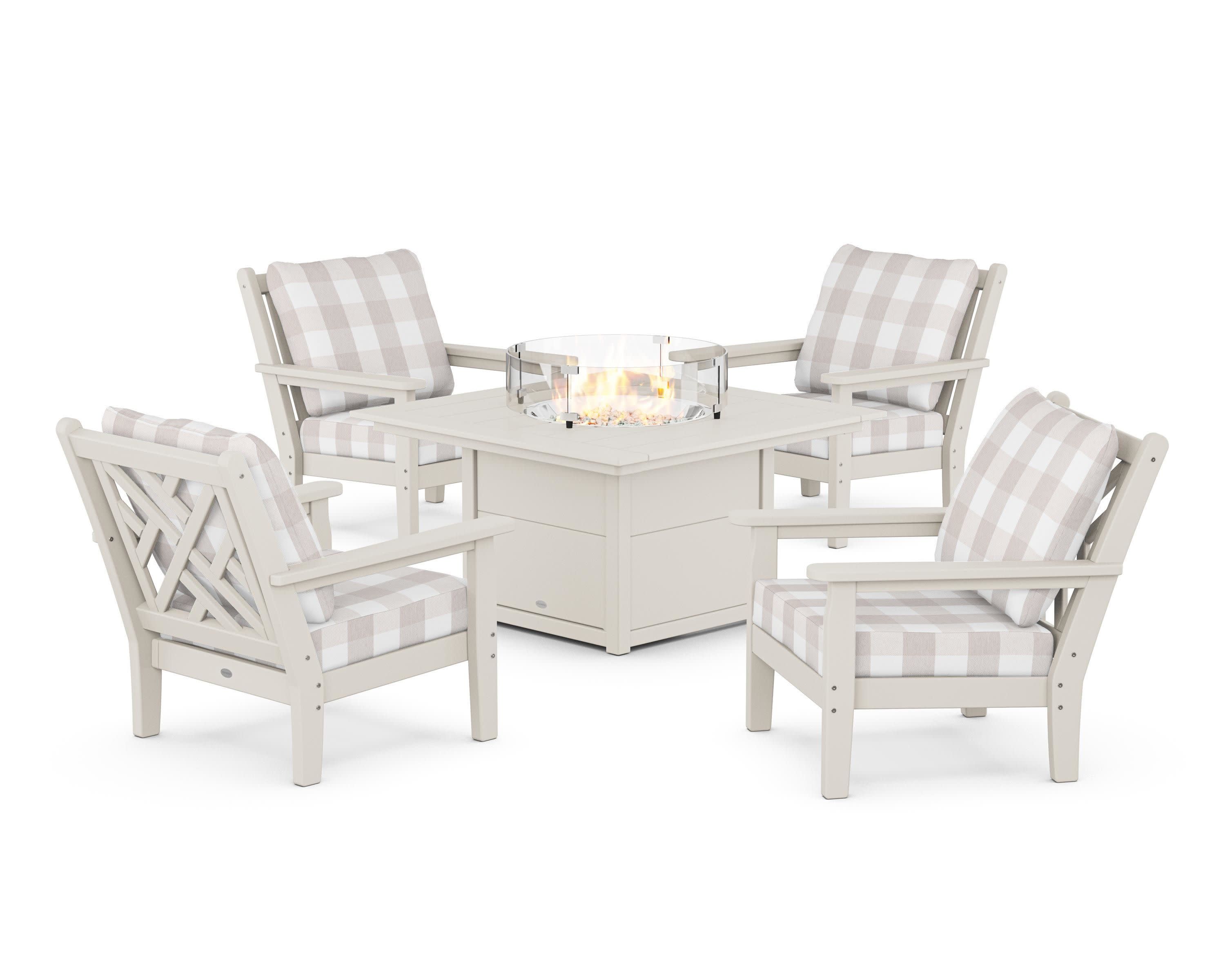 Chippendale 5-Piece Deep Seating Set with Fire Pit Table in Sand / Buffalo Plaid Dune Burlap