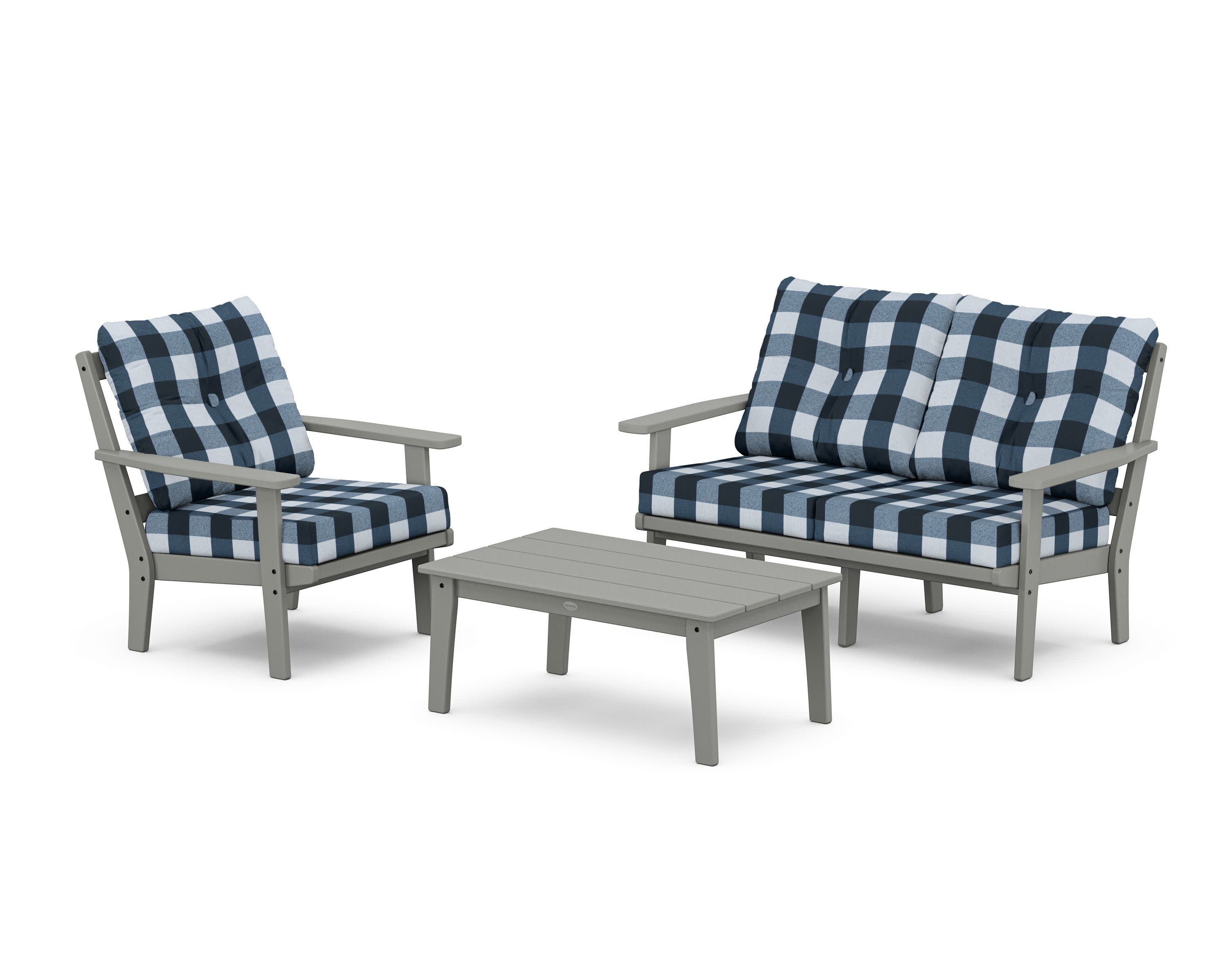 Oxford 3-Piece Deep Seating Set with Loveseat in Slate Grey / Buffalo Plaid Marine Indigo