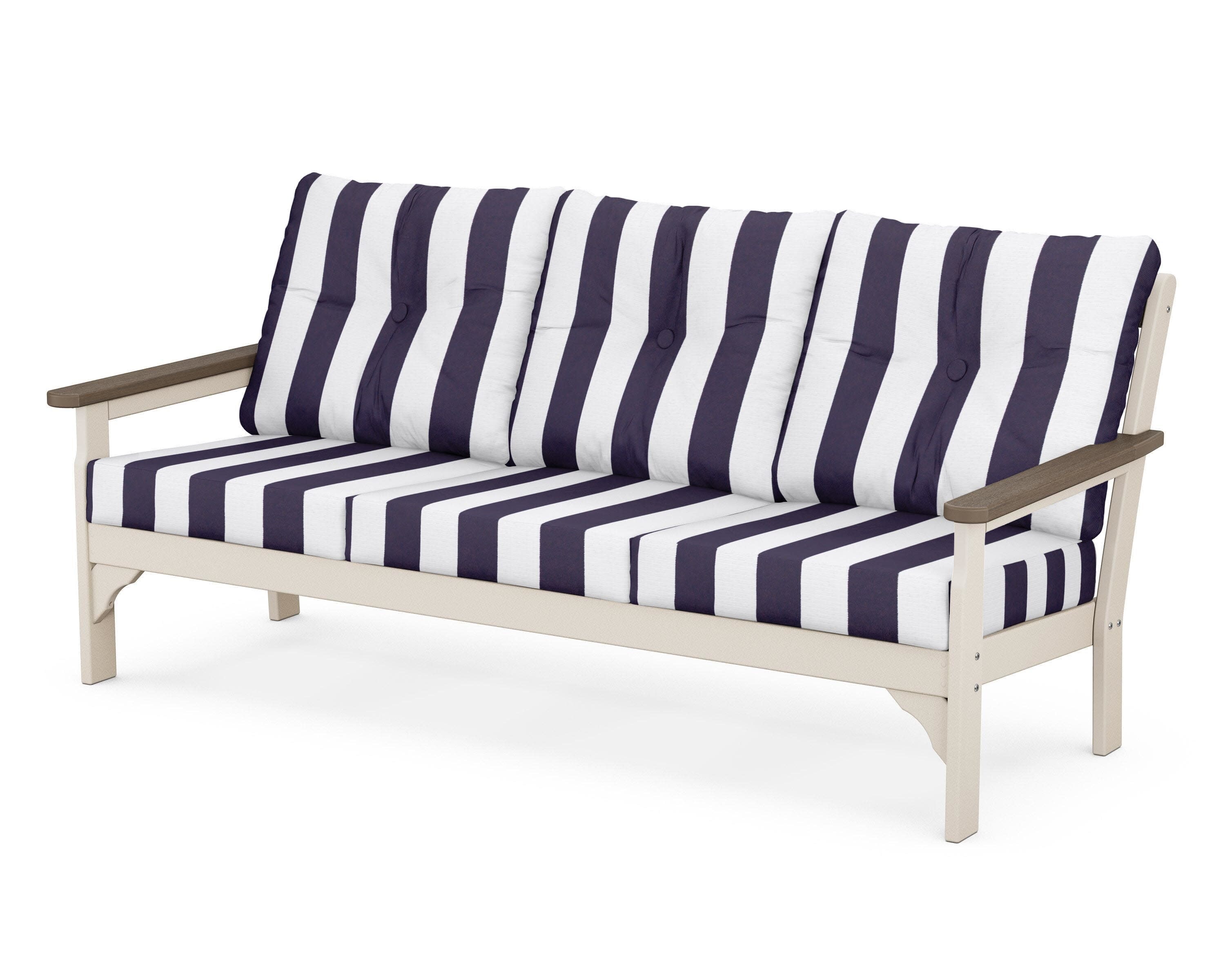 Vineyard Deep Seating Sofa in Sand / Kona / Cabana Stripe Navy