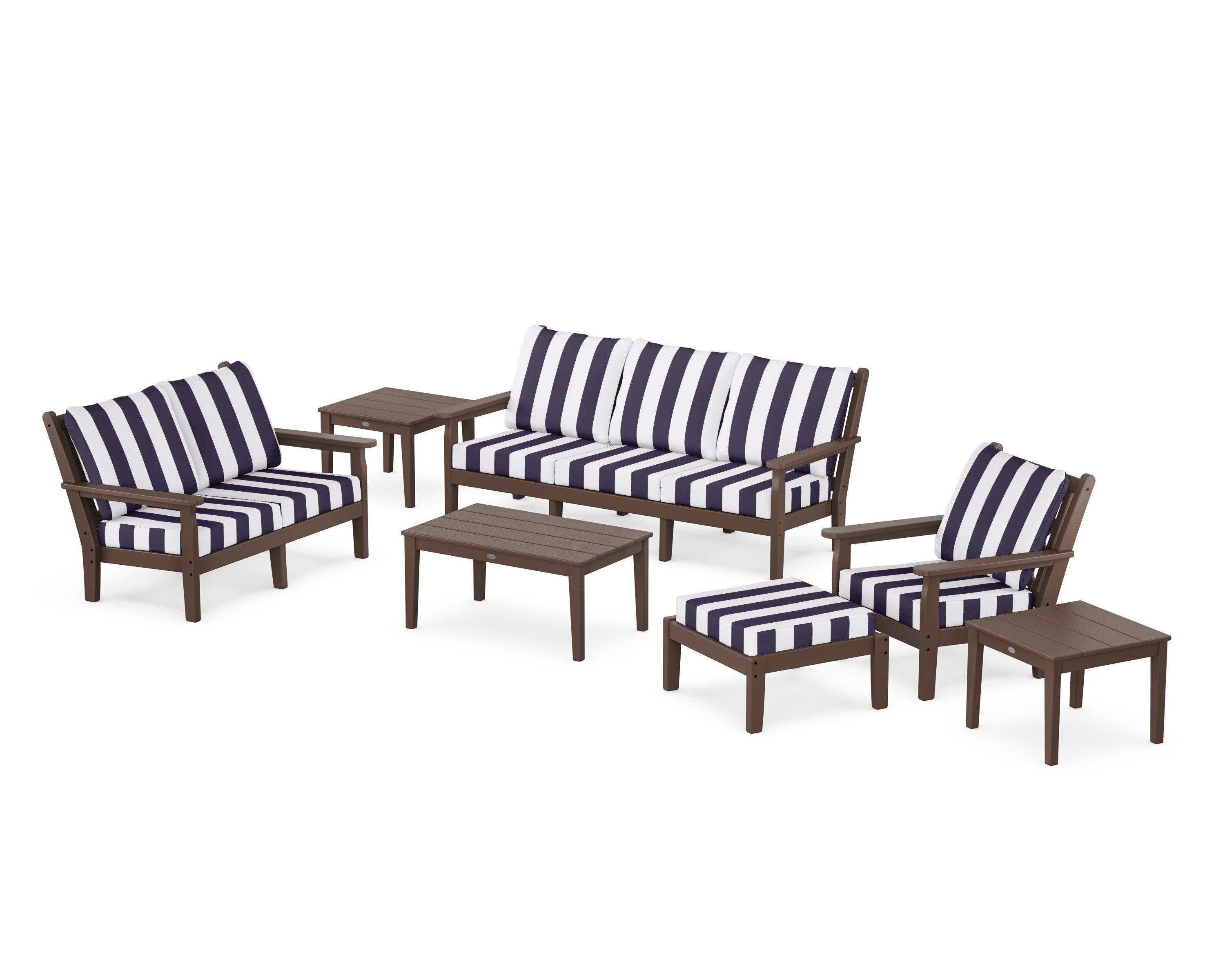 Chippendale 7-Piece Deep Seating Set in Mahogany / Cabana Stripe Navy