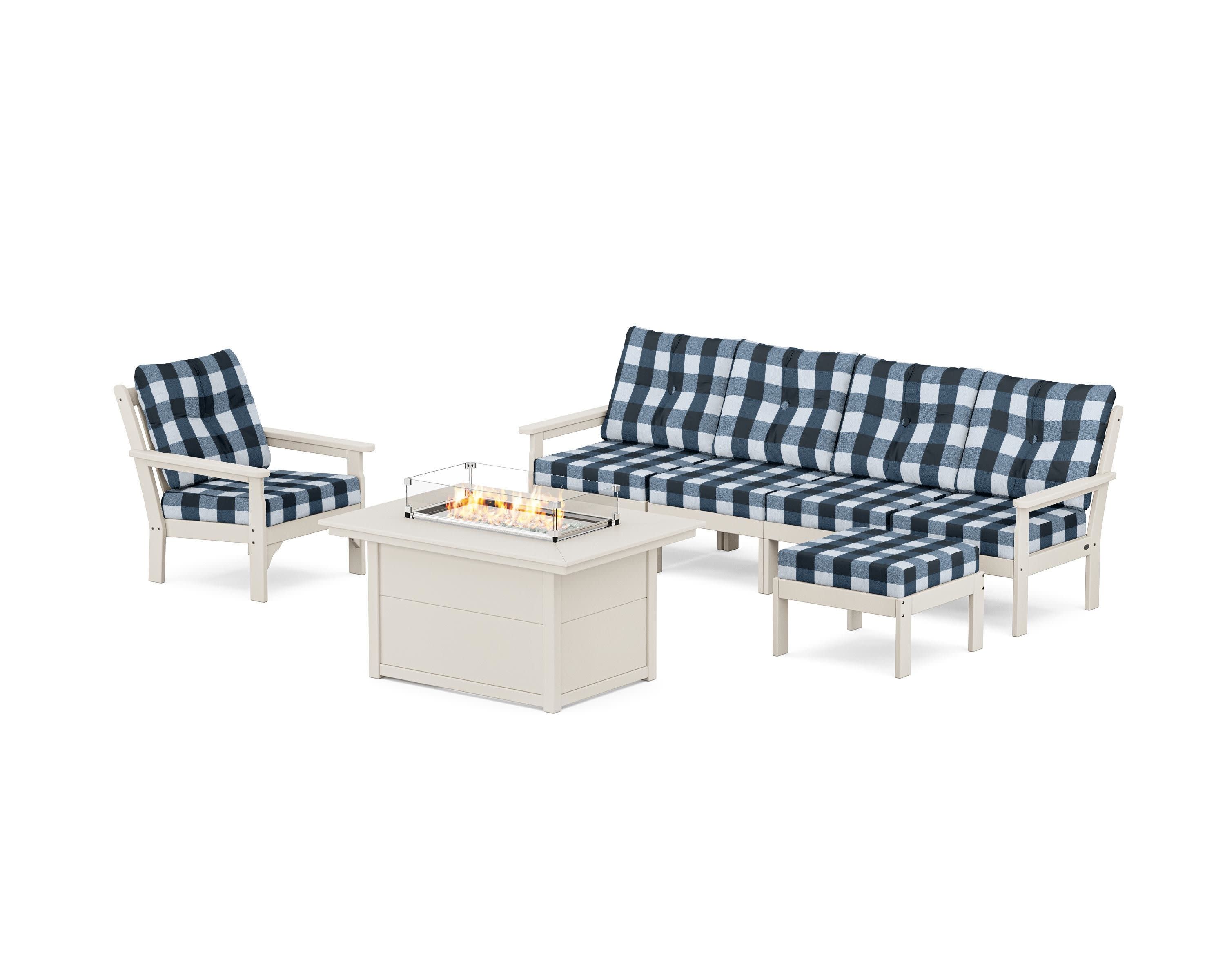 Vineyard Sectional Lounge and Fire Pit Set in Sand / Buffalo Plaid Marine Indigo