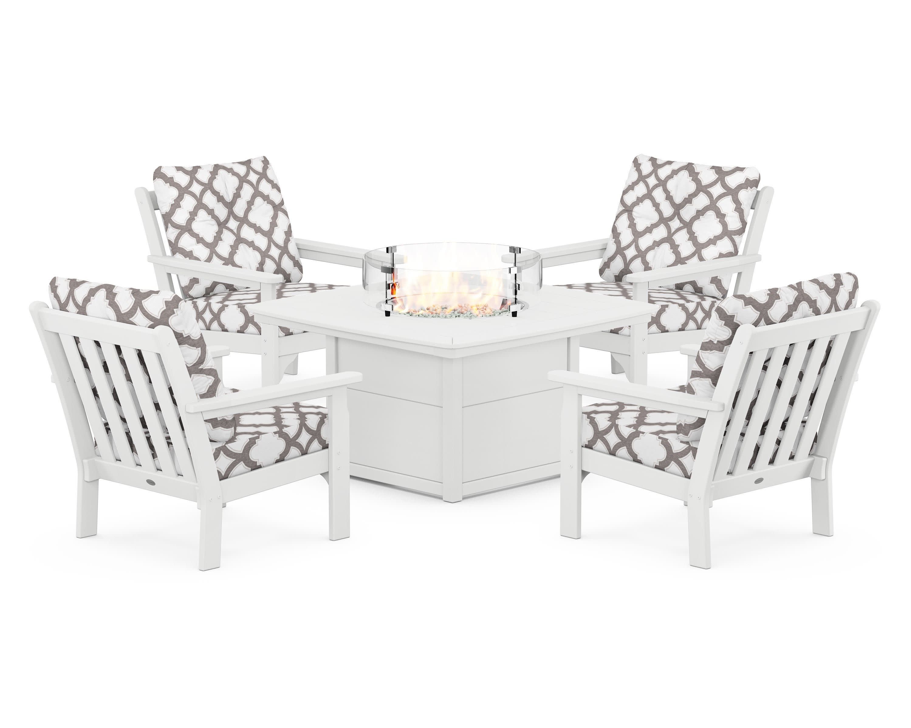 Vineyard 5-Piece Conversation Set with Fire Pit Table in White / Trellis Grey Mist