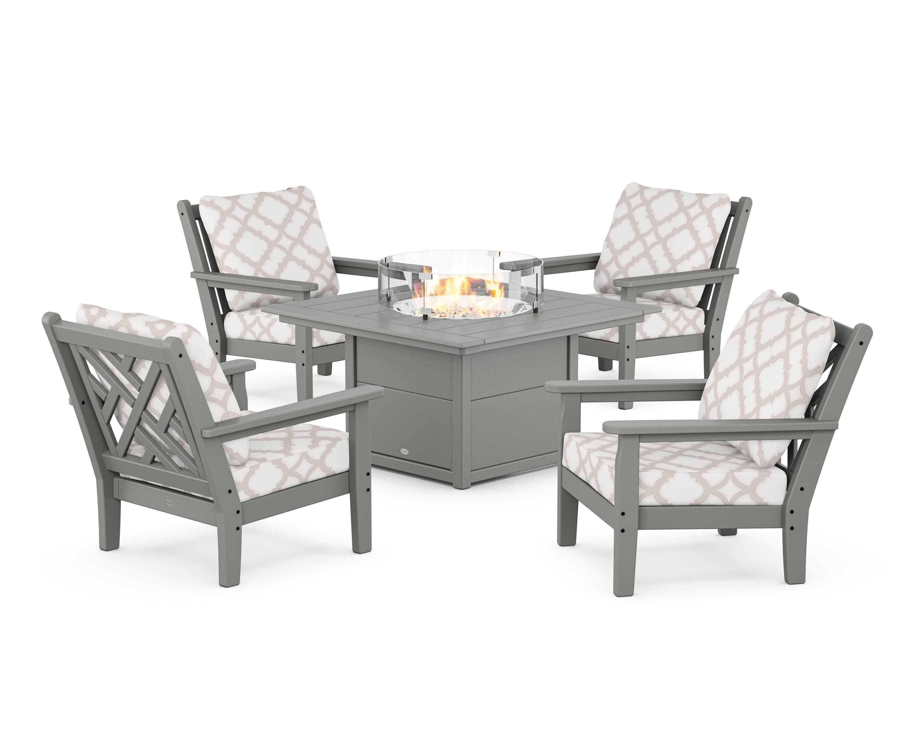 Chippendale 5-Piece Deep Seating Set with Fire Pit Table in Slate Grey / Trellis Dune Burlap