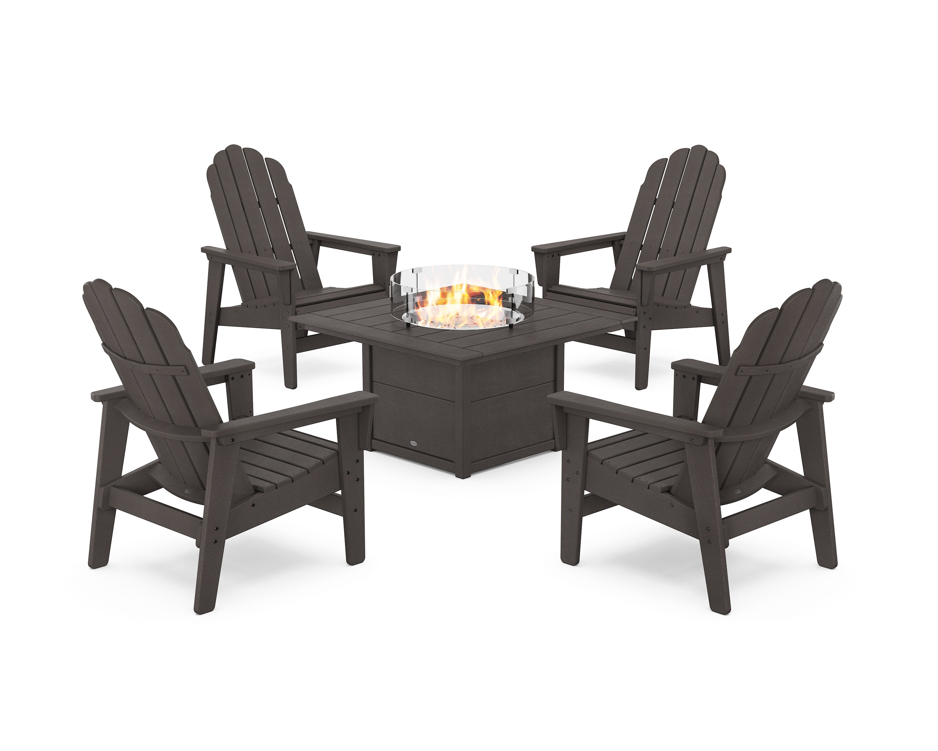 5-Piece Vineyard Grand Upright Adirondack Conversation Set with Fire Pit Table in Vintage Coffee