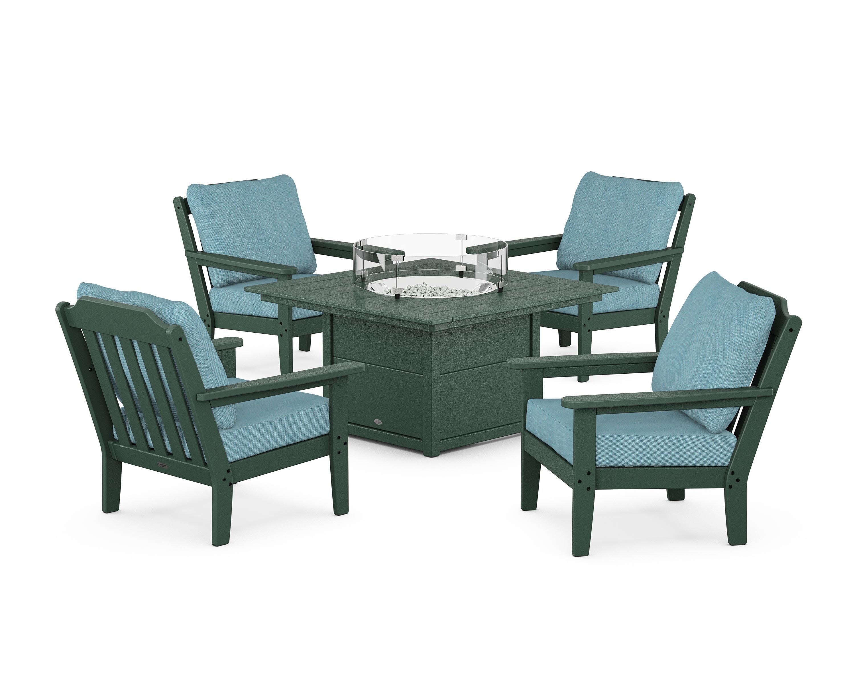 Cottage 5-Piece Deep Seating Set with Fire Pit Table in Green / Lattice Sky Blue