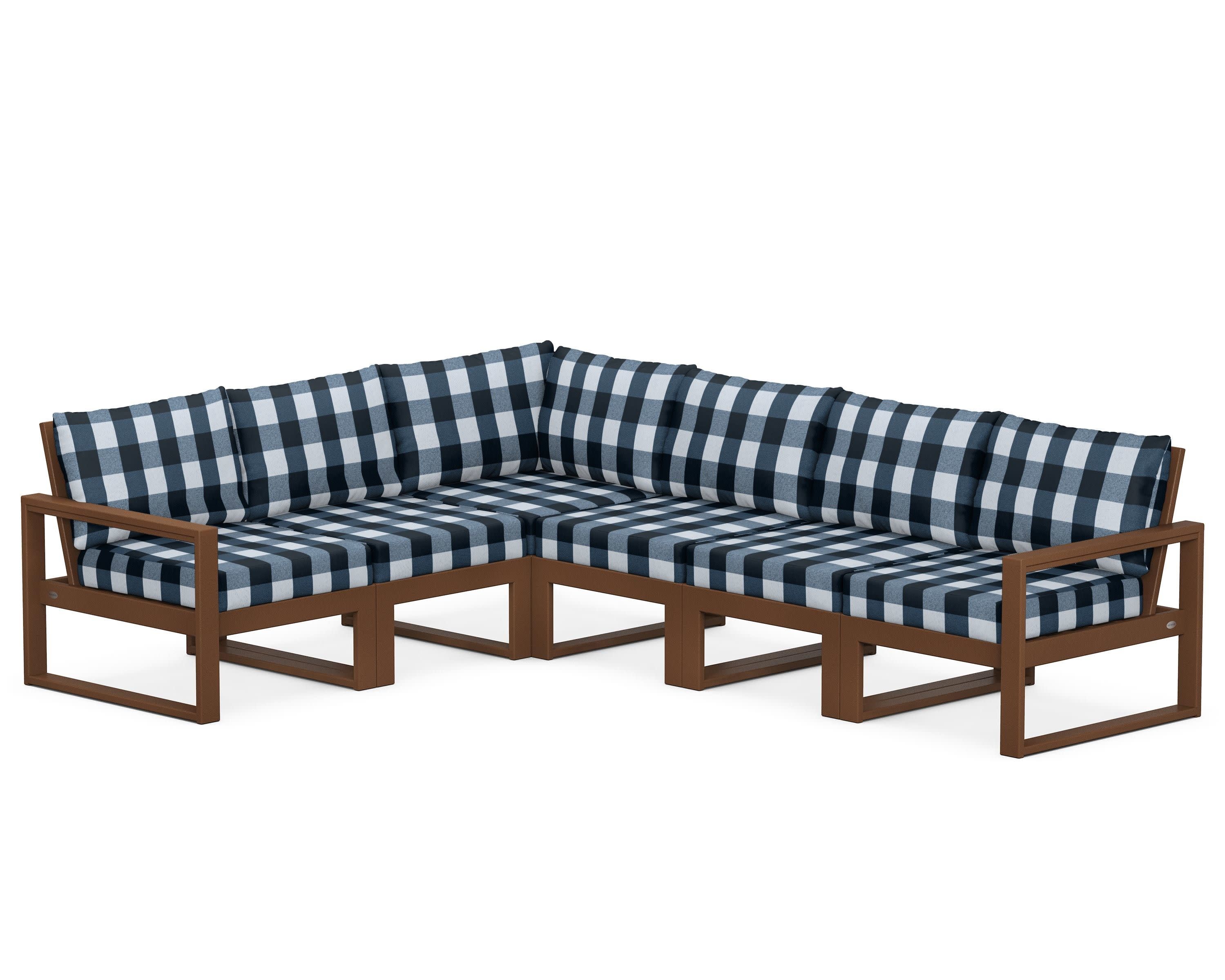 EDGE 6-Piece Modular Deep Seating Set in Teak / Buffalo Plaid Marine Indigo