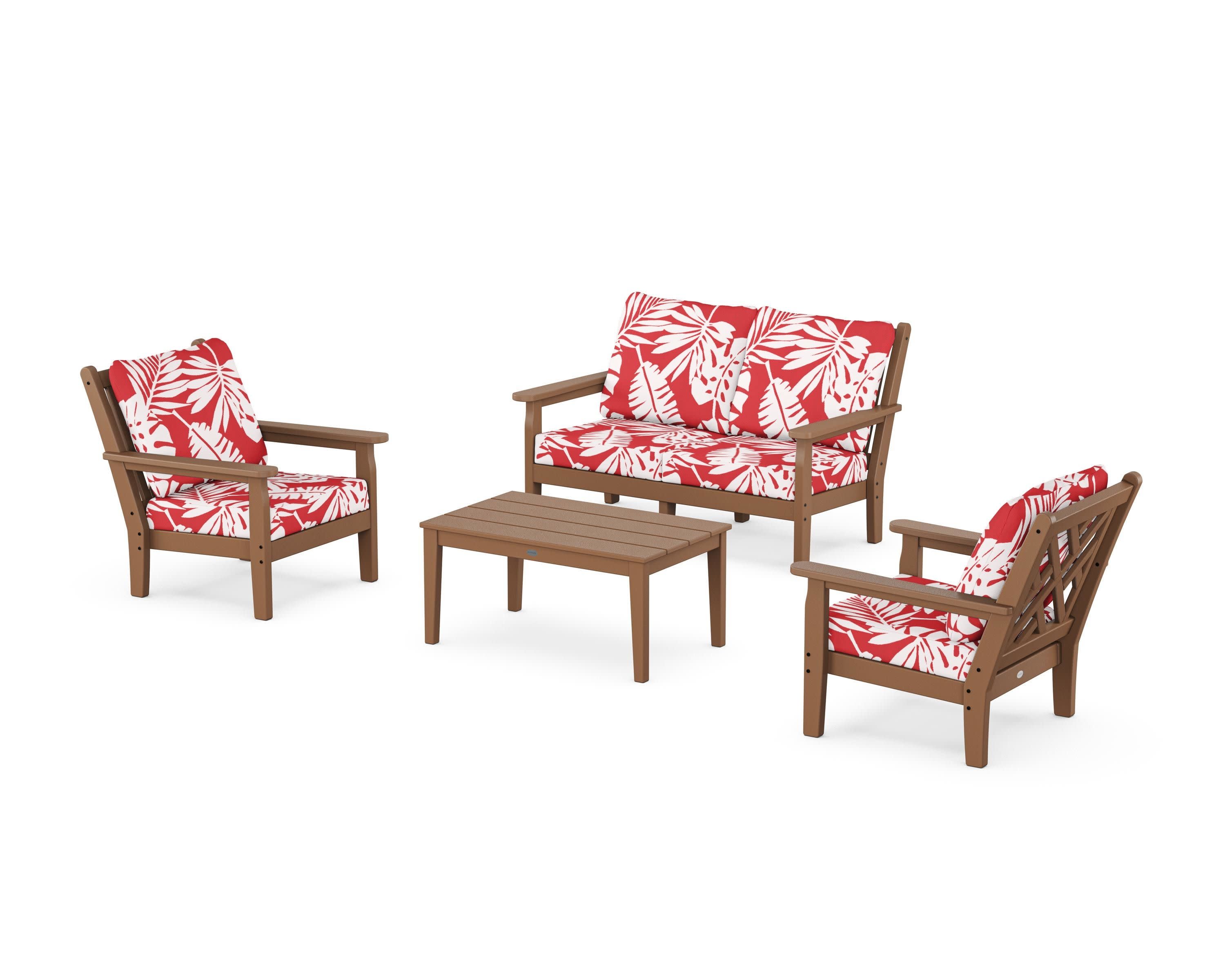 Chippendale 4-Piece Deep Seating Set with Loveseat in Teak / Leaf Crimson