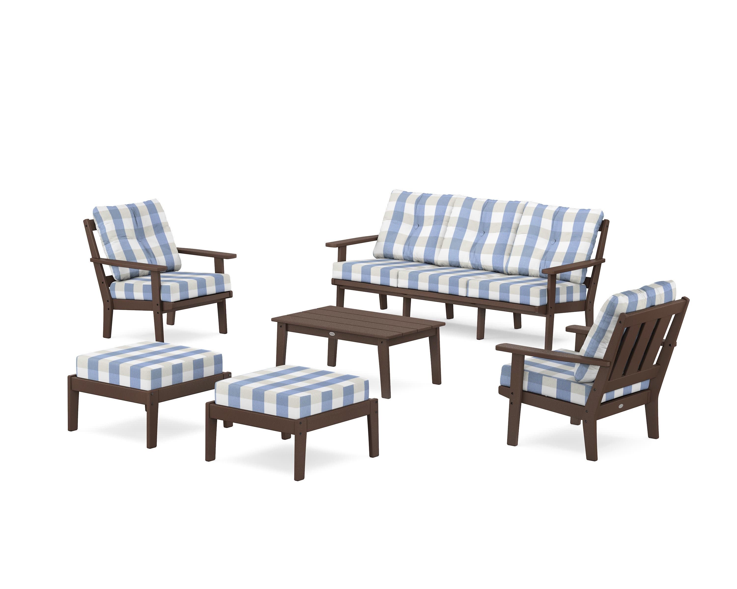 Oxford 6-Piece Lounge Sofa Set in Mahogany / Buffalo Plaid Sky Blue