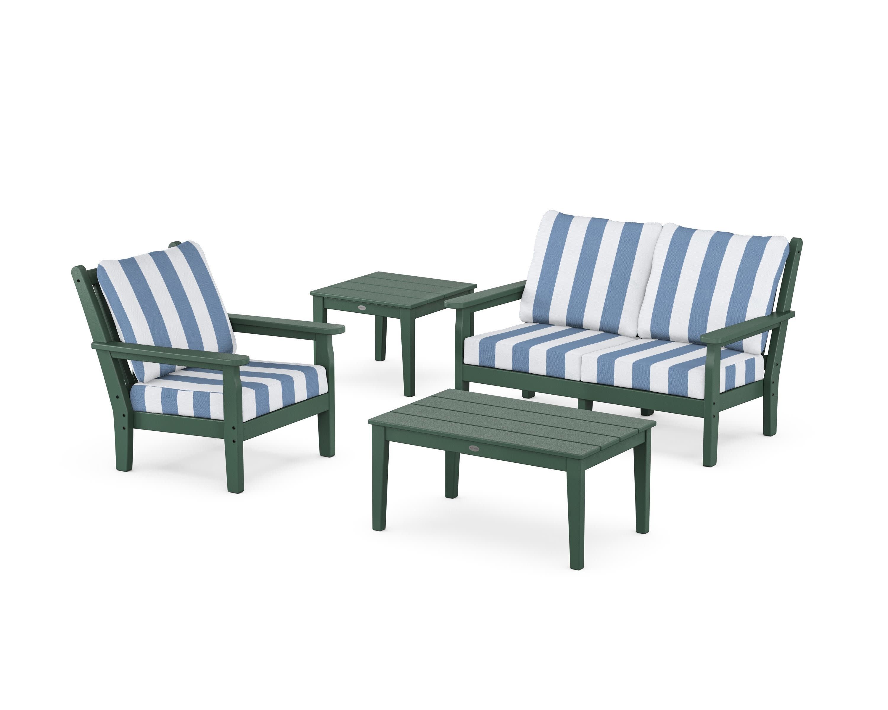 Chippendale 4-Piece Deep Seating Set in Green / Cabana Stripe Sky Blue