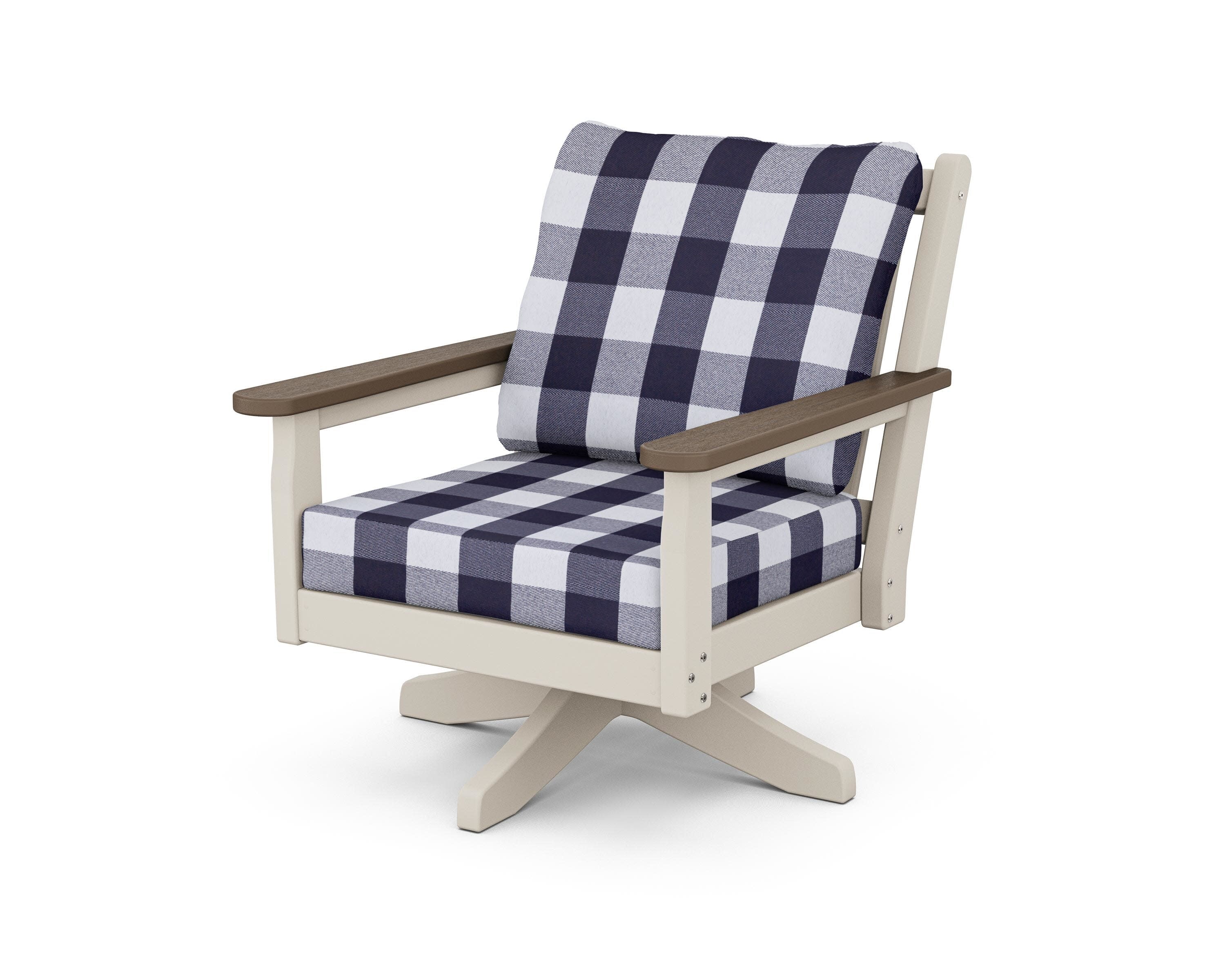 Chippendale Deep Seating Swivel Chair in Sand / Kona / Buffalo Plaid Navy