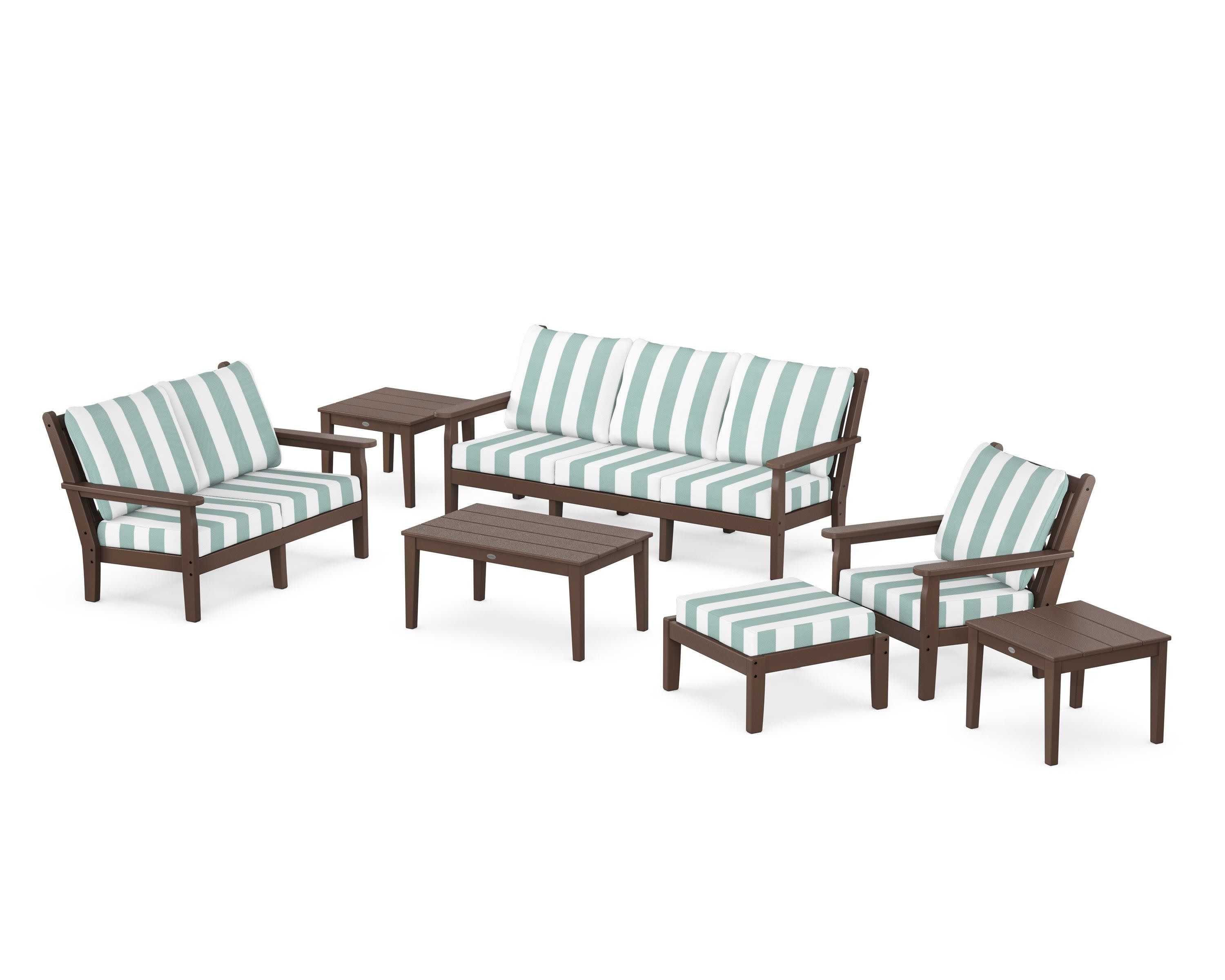 Chippendale 7-Piece Deep Seating Set in Mahogany / Cabana Stripe Glacier Spa