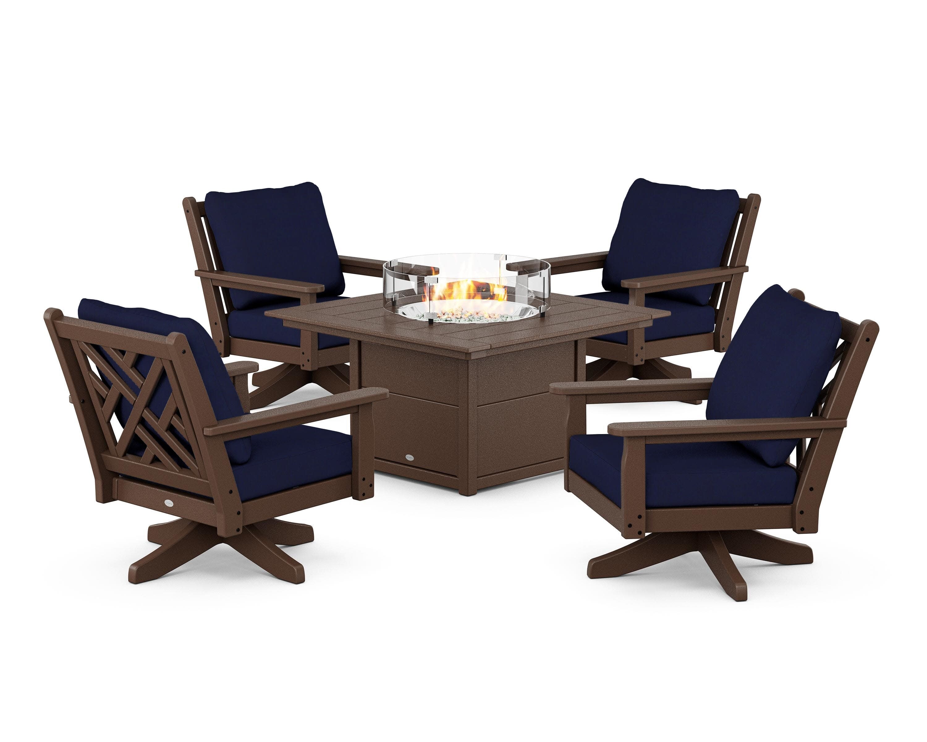 Chippendale 5-Piece Deep Seating Swivel Conversation Set with Fire Pit Table in Mahogany / Navy