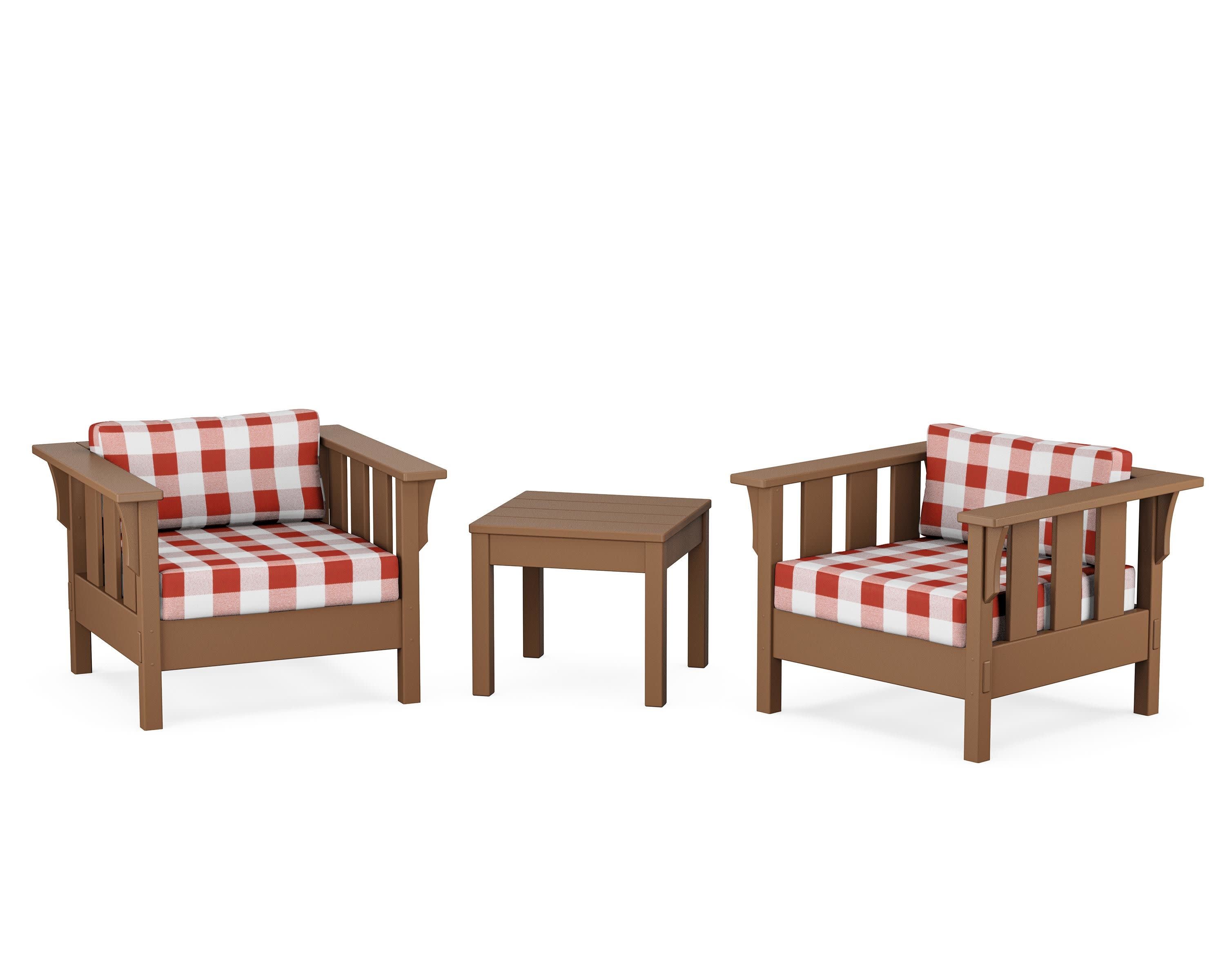 Acadia 3-Piece Deep Seating Set in Teak / Buffalo Plaid Crimson