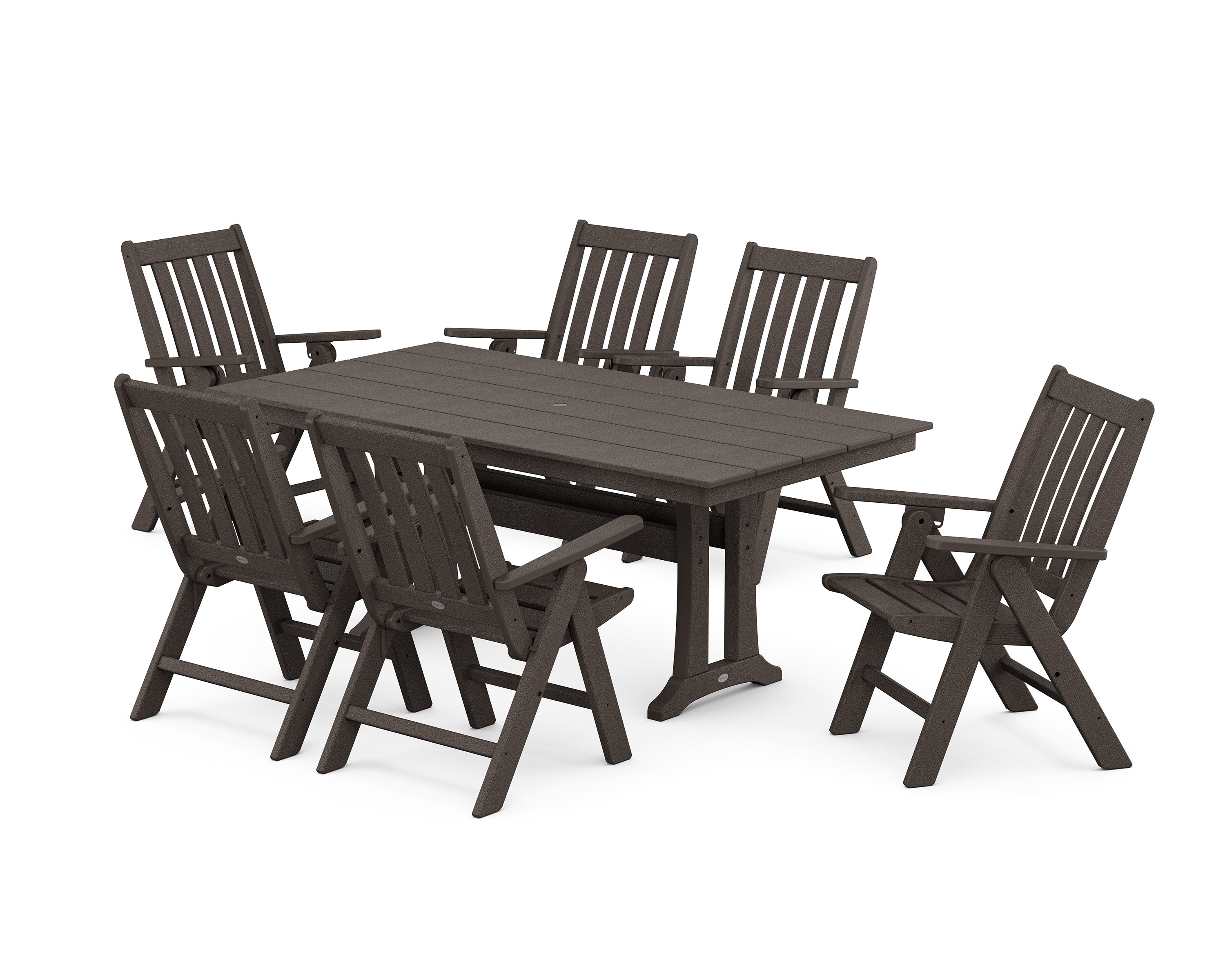 Vineyard Folding Chair 7-Piece Farmhouse Dining Set with Trestle Legs in Vintage Coffee