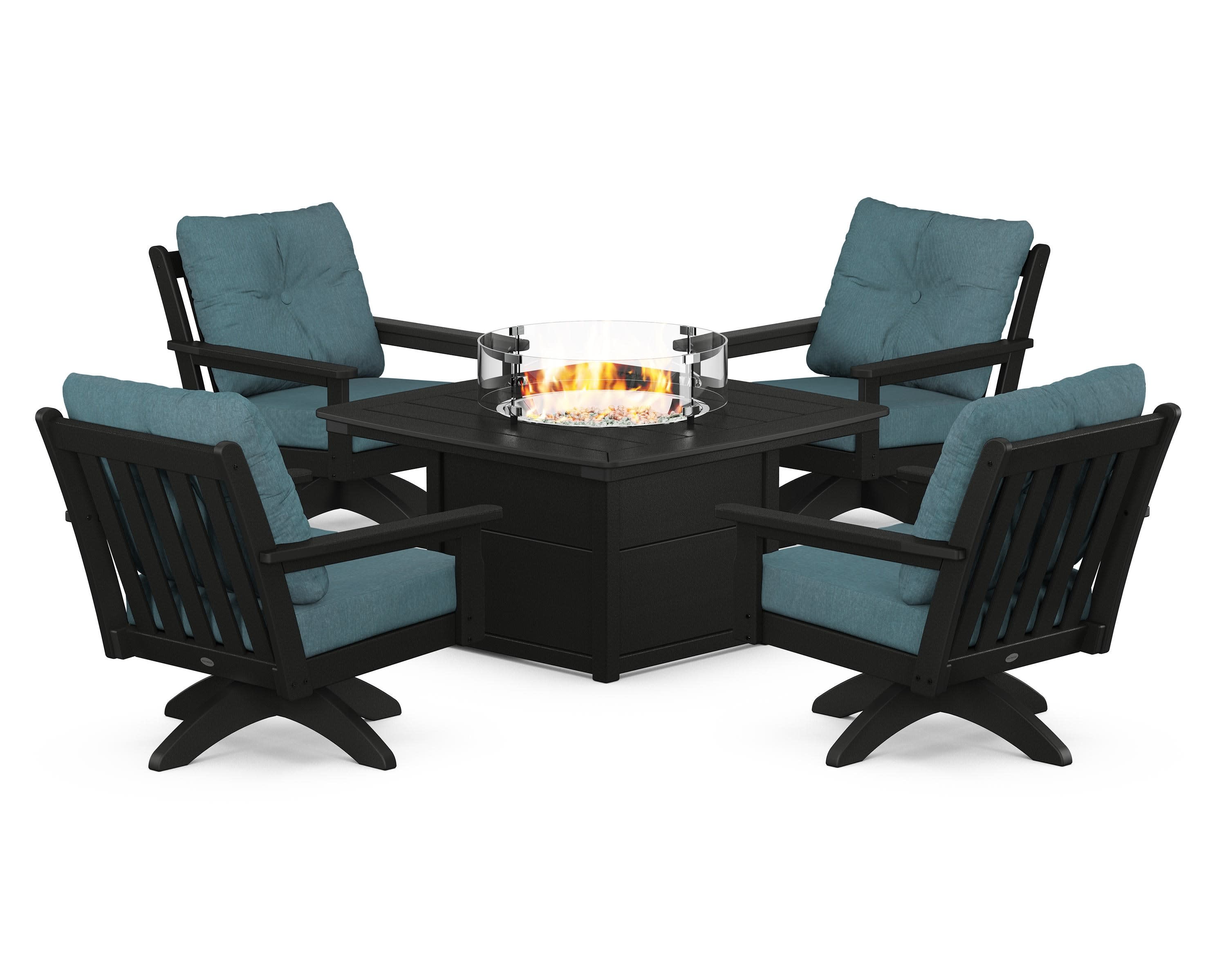 Vineyard 5-Piece Deep Seating Swivel Conversation Set with Fire Pit Table in Black / Ocean Teal
