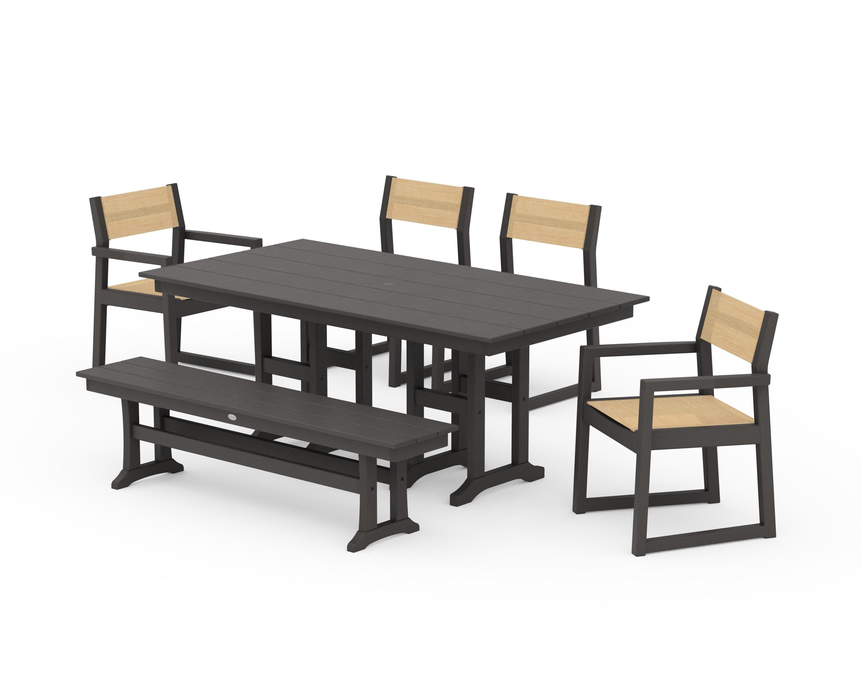 EDGE Sling 6-Piece Farmhouse Dining Set in Vintage Coffee / Dupioni Apricot Sling
