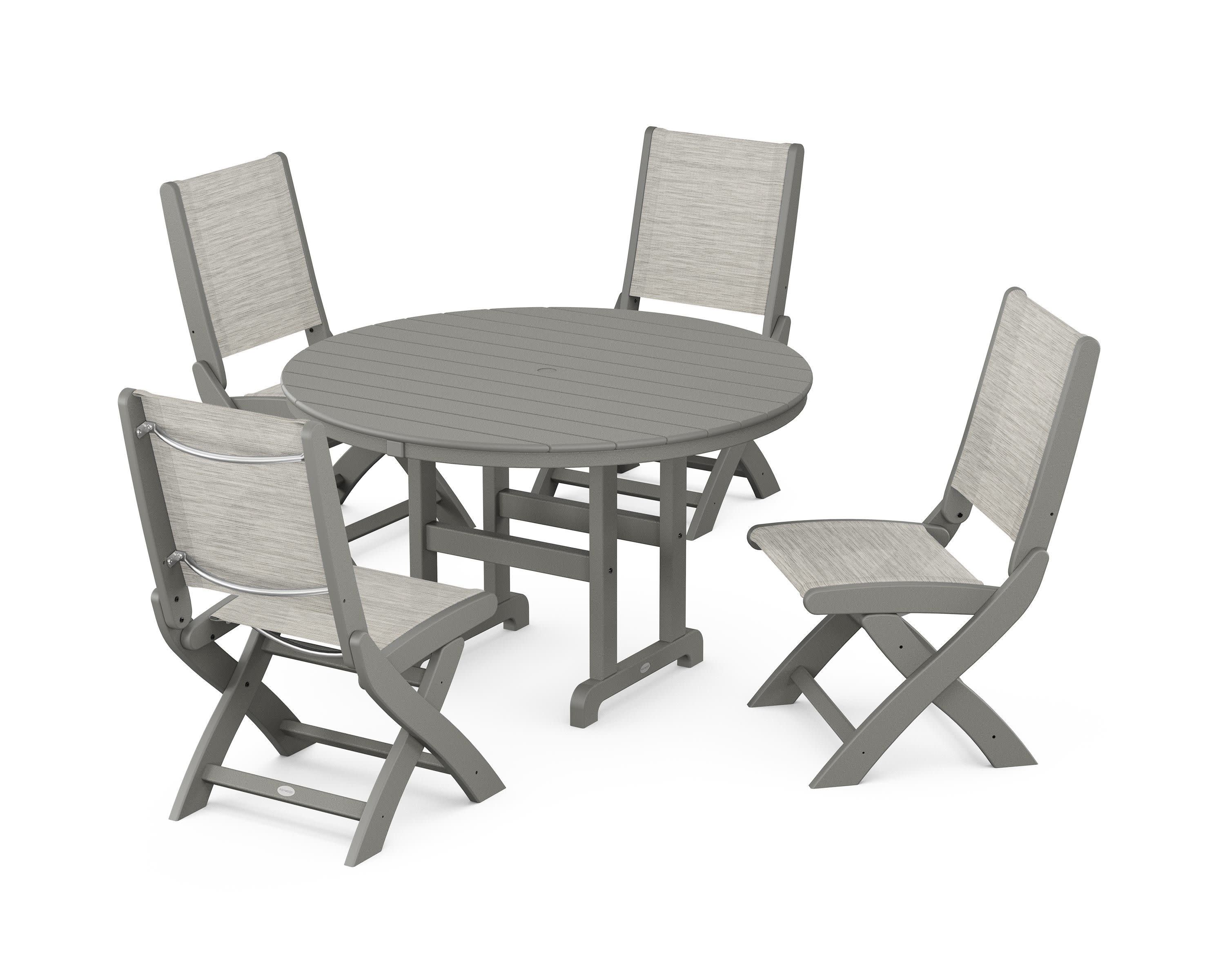 Coastal Folding Side Chair 5-Piece Round Dining Set in Slate Grey / Birch Sling