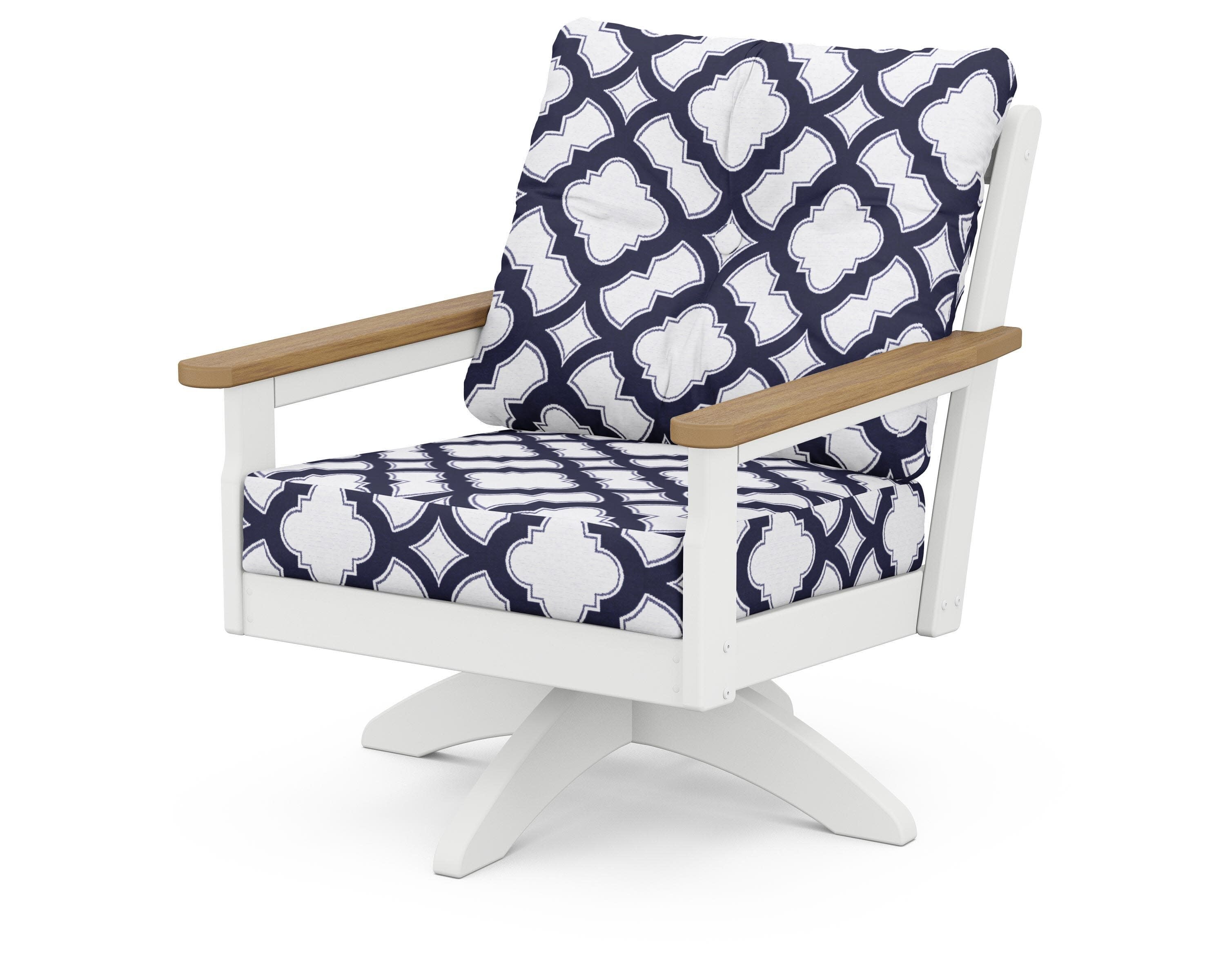 Vineyard Deep Seating Swivel Chair in White / Natural / Trellis Navy