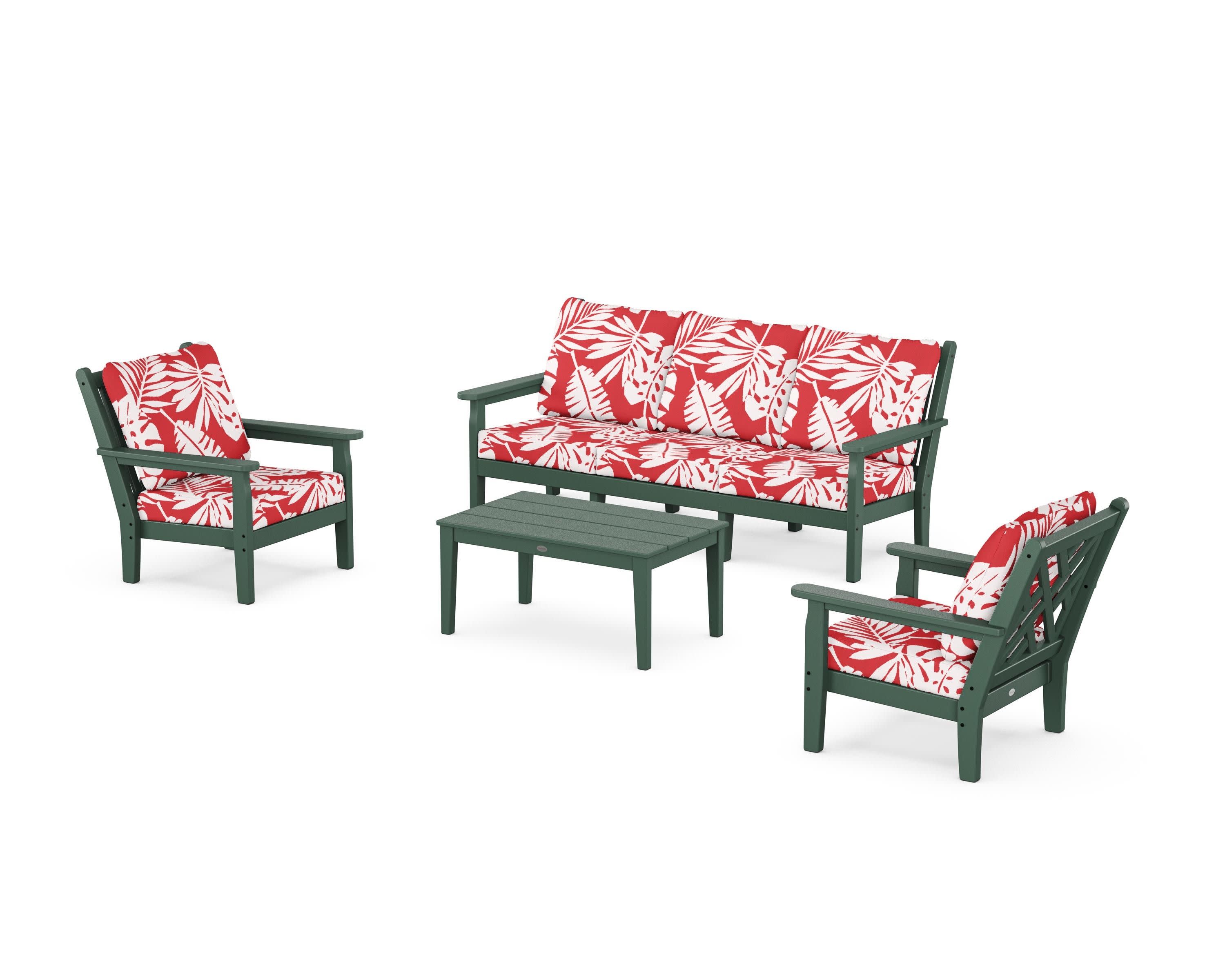 Chippendale 4-Piece Deep Seating Set with Sofa in Green / Leaf Crimson