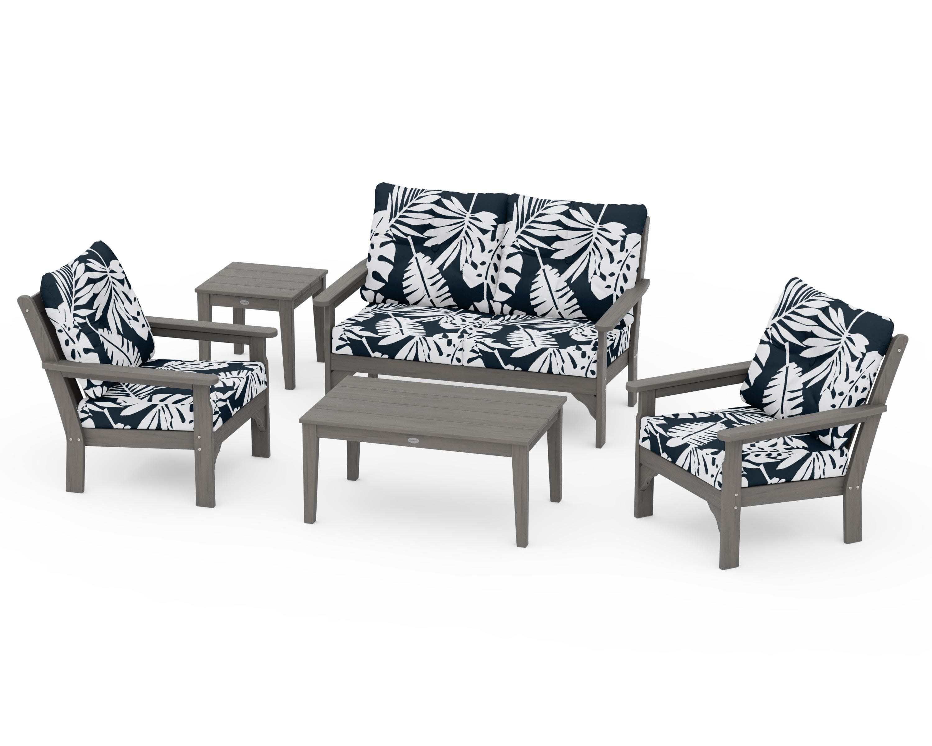 Vineyard 5-Piece Deep Seating Set in Driftwood / Leaf Marine Indigo