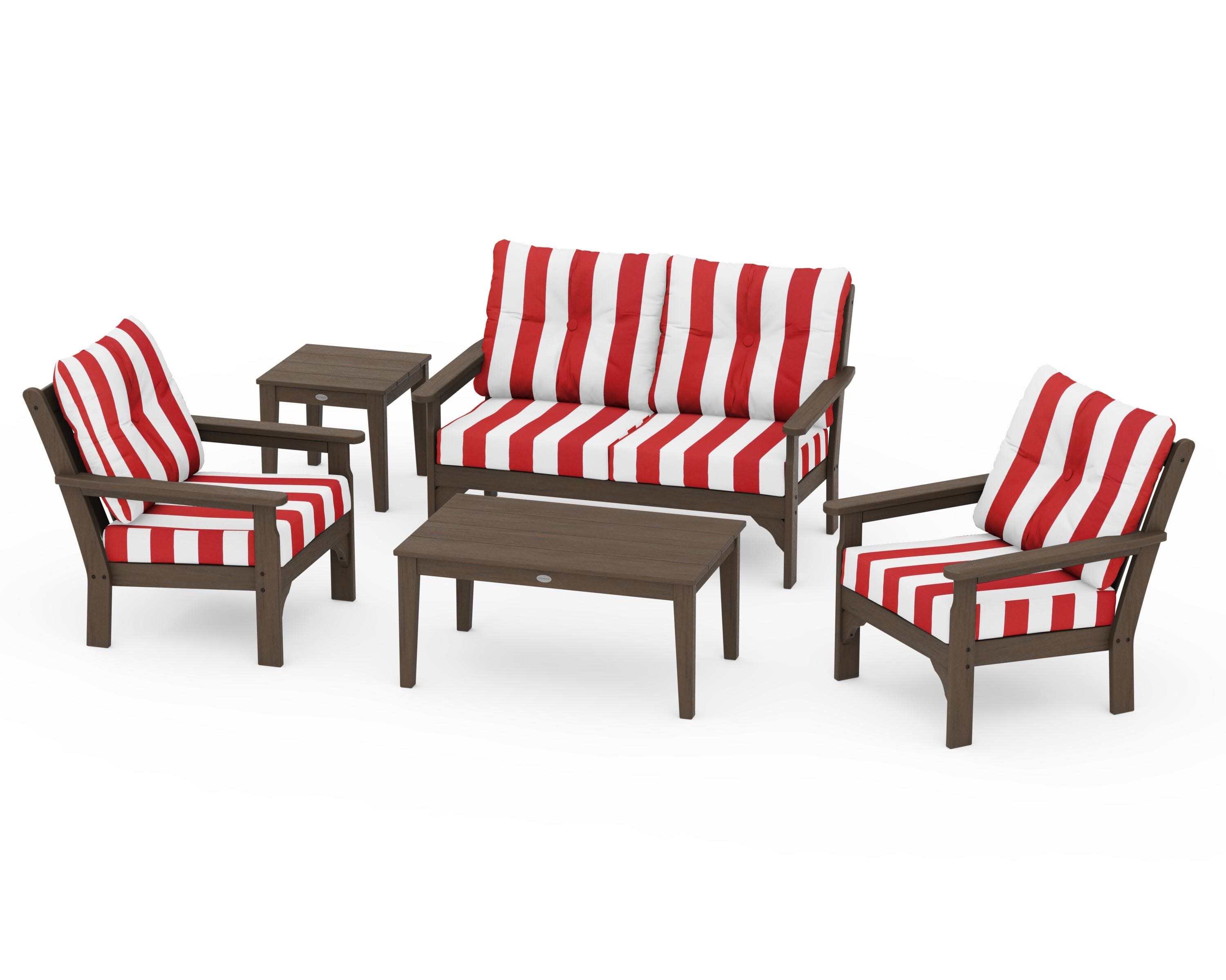 Vineyard 5-Piece Deep Seating Set in Kona / Cabana Stripe Crimson