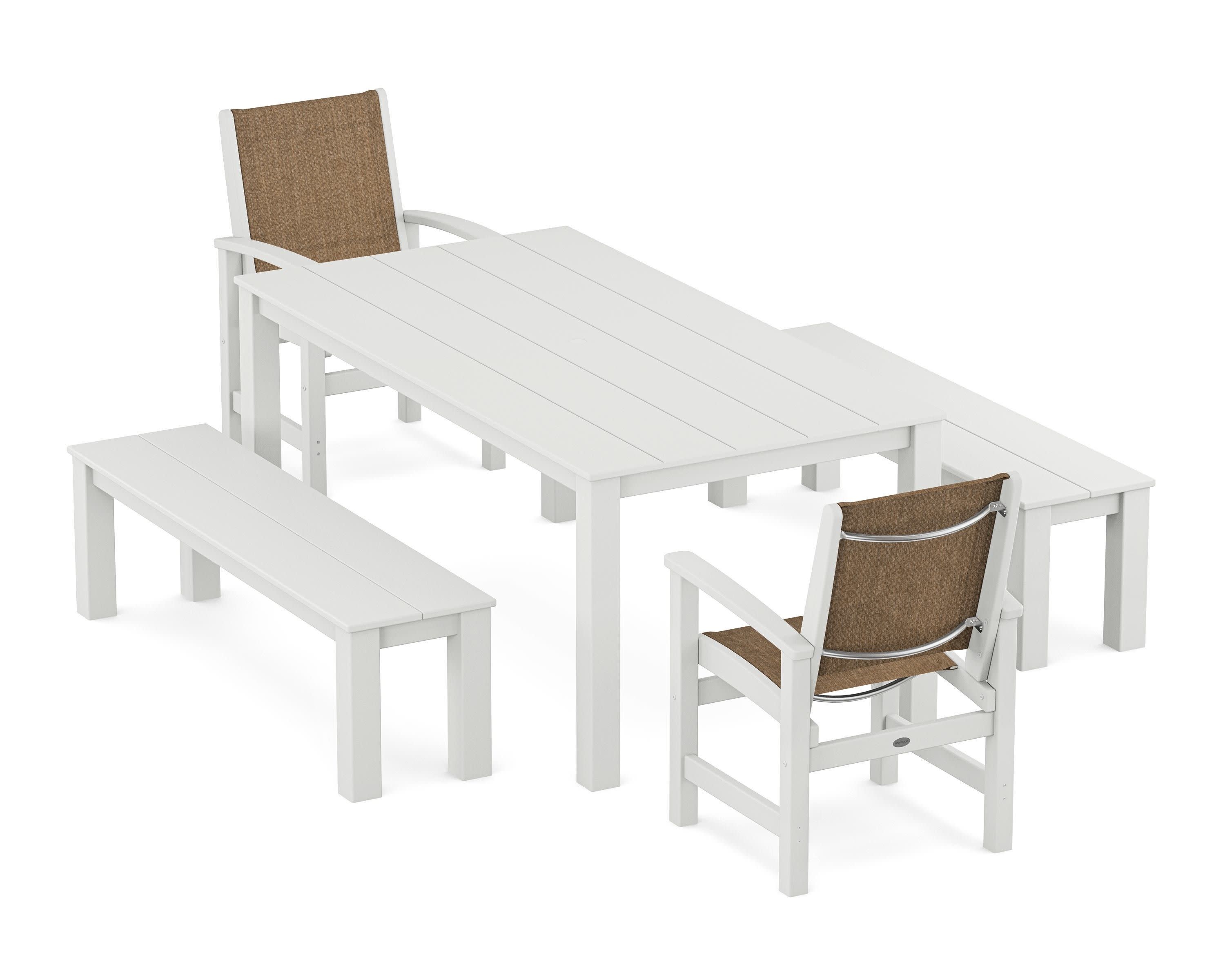 Coastal 5-Piece Parsons Dining Set with Benches in White / Burlap Sling