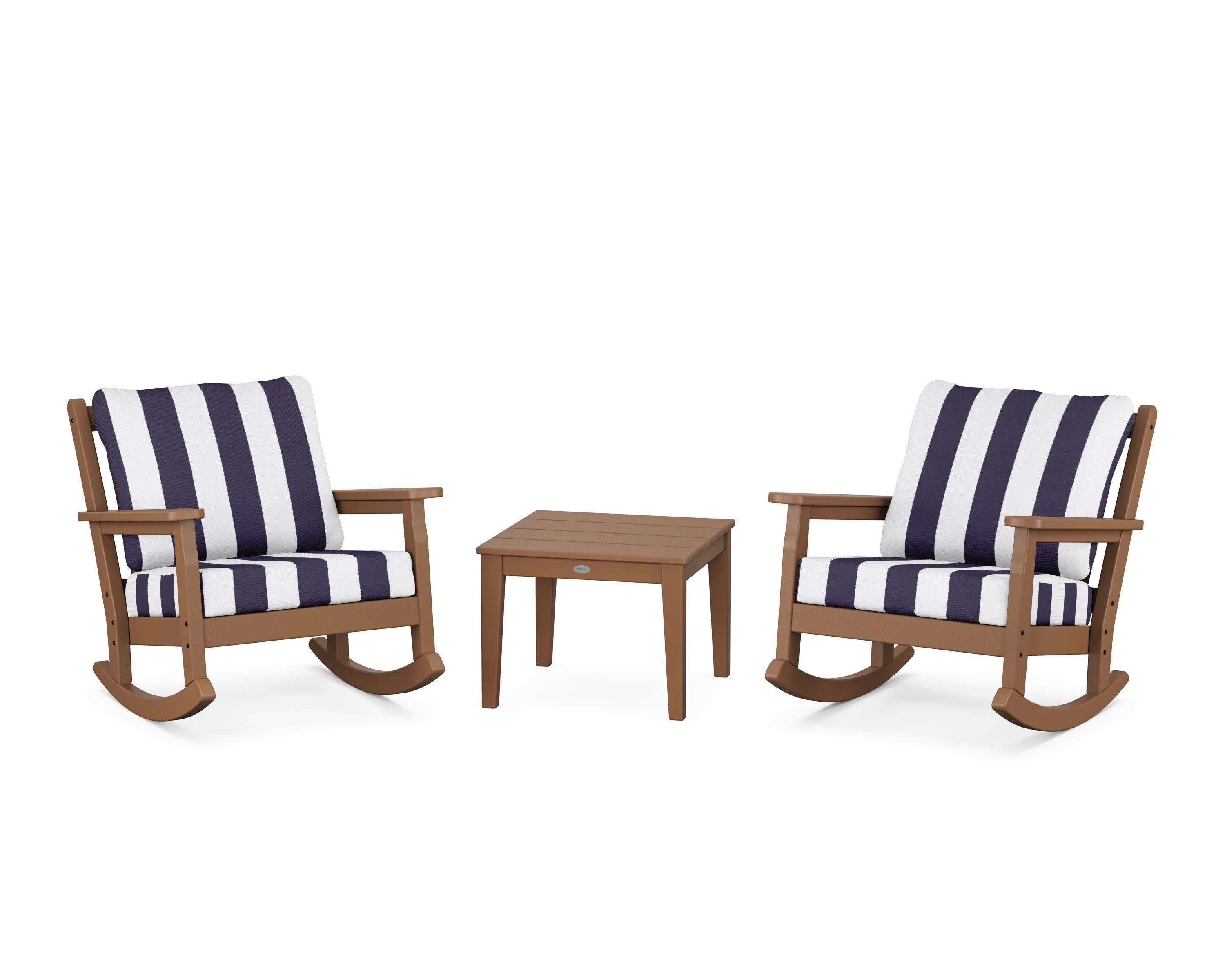 Chippendale 3-Piece Deep Seating Rocker Set in Teak / Cabana Stripe Navy