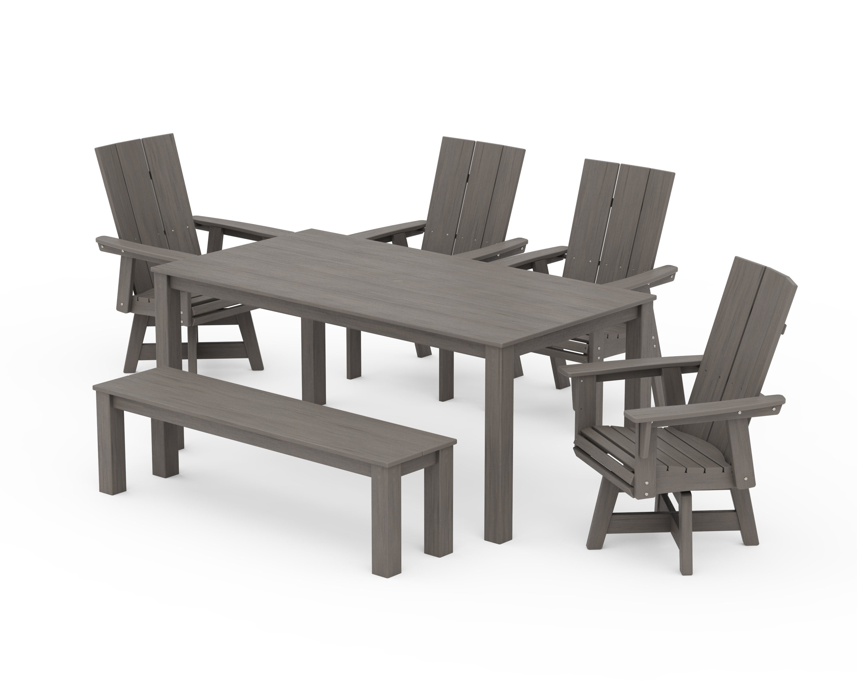 Modern Curveback Adirondack 6-Piece Parsons Swivel Dining Set with Bench in Driftwood