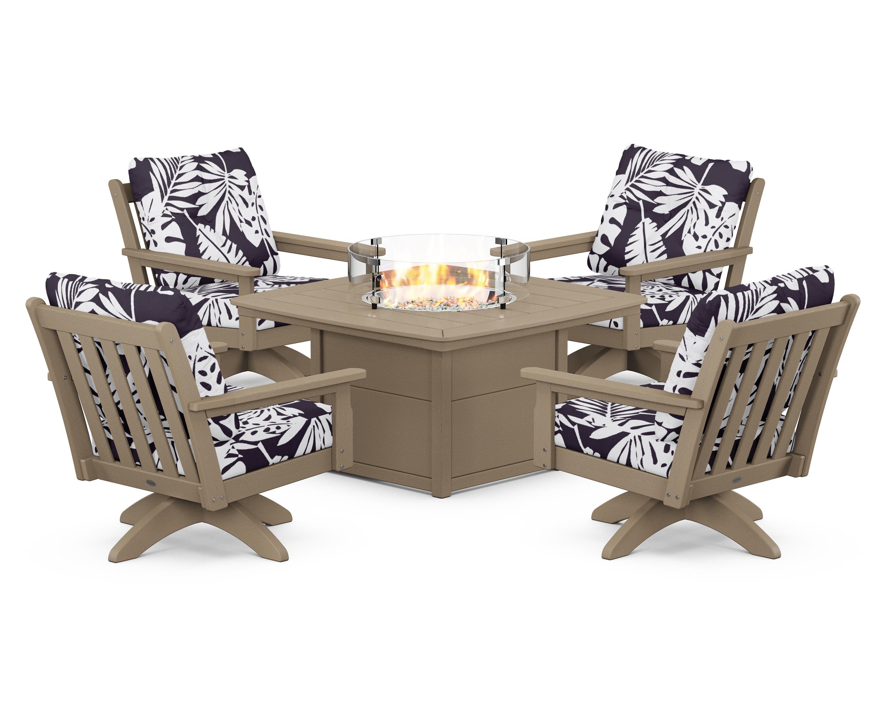 Vineyard 5-Piece Deep Seating Swivel Conversation Set with Fire Pit Table in Vintage Sahara / Leaf Navy